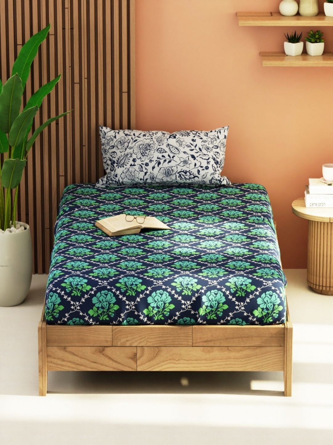 

KOPA Green & White Bagator Floral 152 TC Single Bedsheet With 1 Pillow Cover