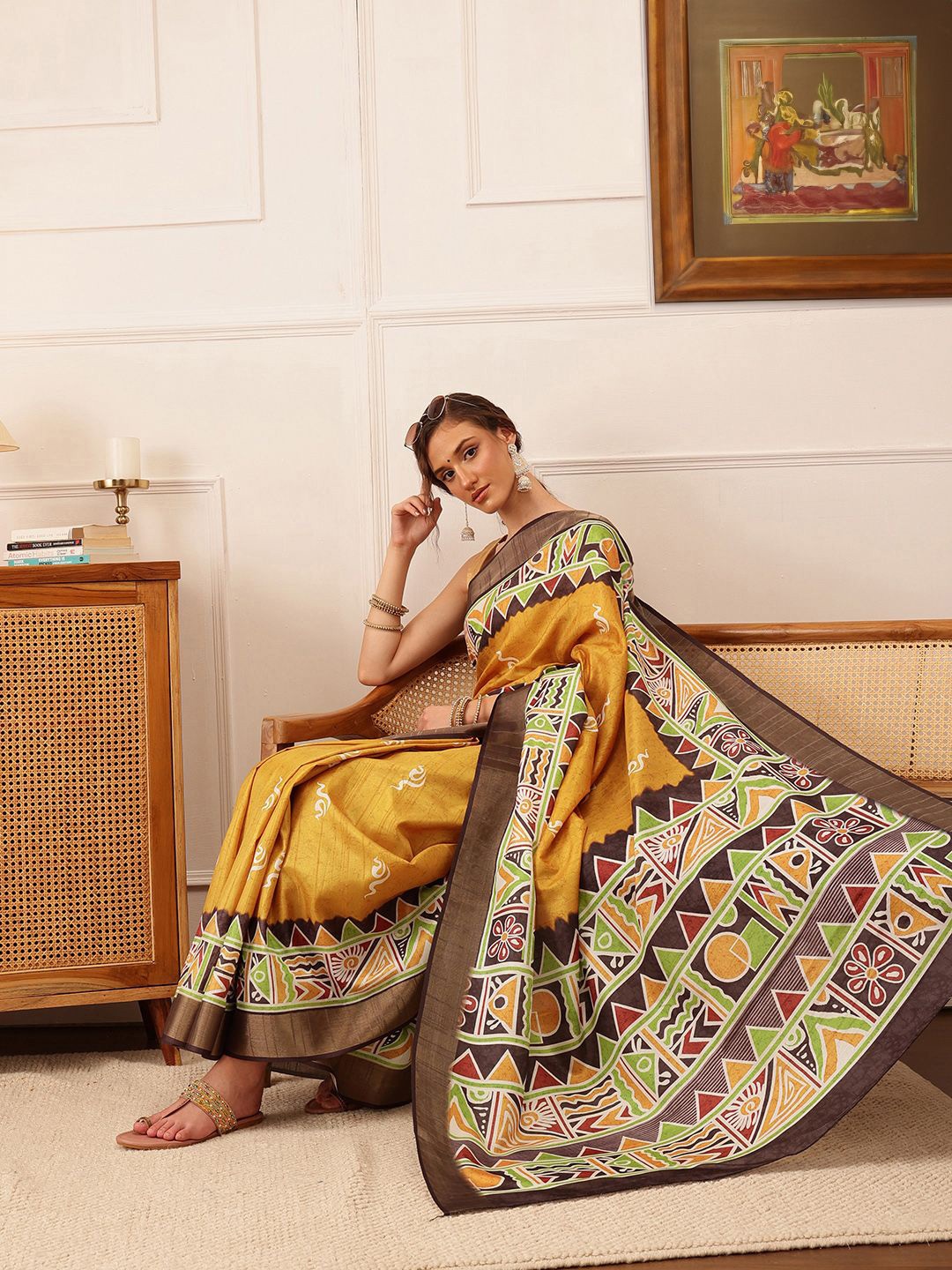 

Silk Land Warli Banarasi Silk Digital Print Saree, Yellow