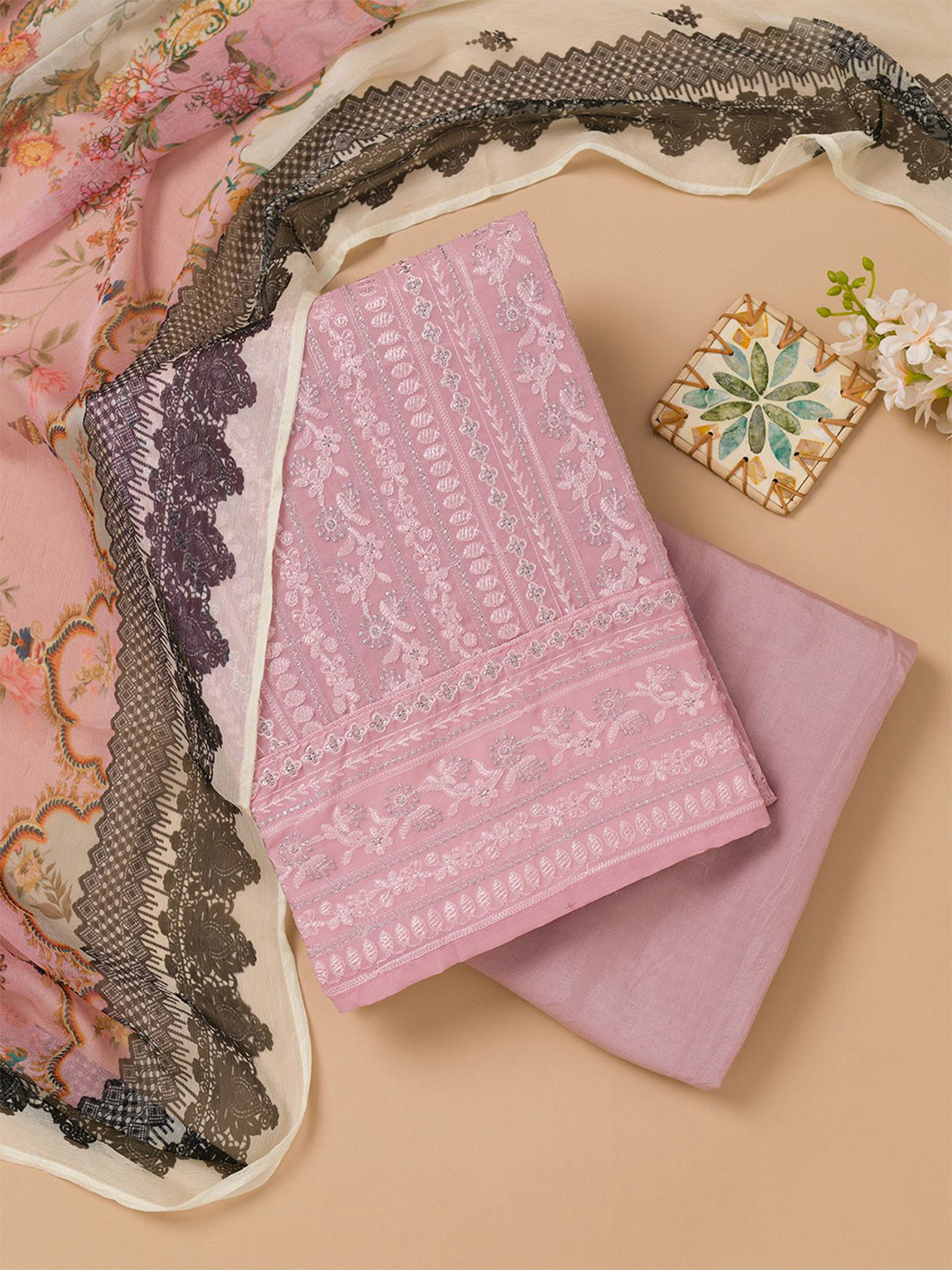 

Koskii Floral Embroidered Unstitched Dress Material, Pink
