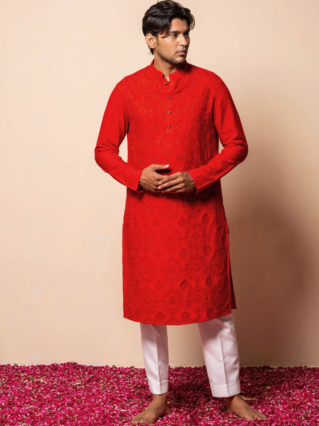 

Ayush Jain Floral Embroidered Thread Work Mandarin Collar Cotton Silk Straight Kurta, Red