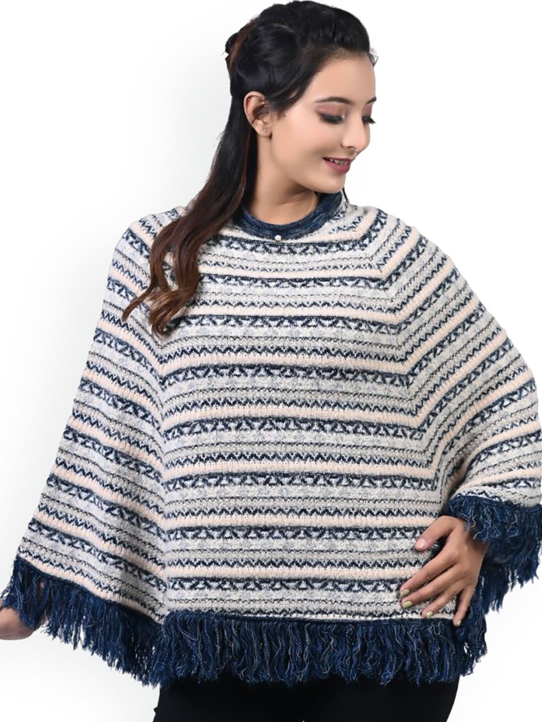 

TWENTY ME Women Woollen Lightweight Poncho Jacket, Blue