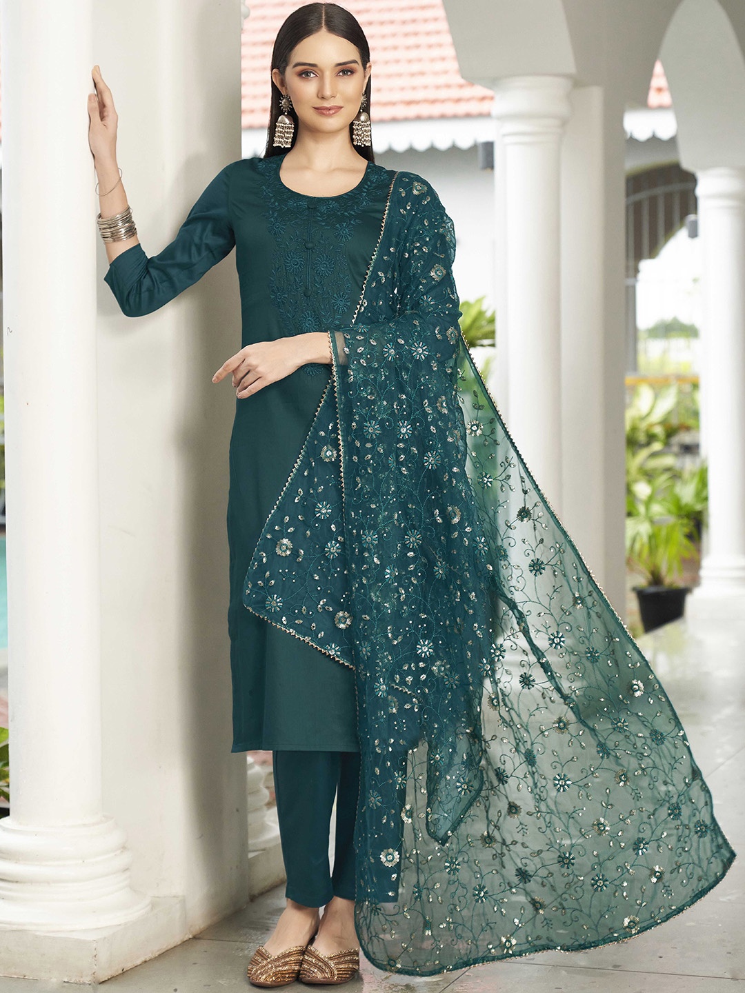 

Tikhi Imli Floral Embroidered Straight Kurta with Trousers & Dupatta, Green