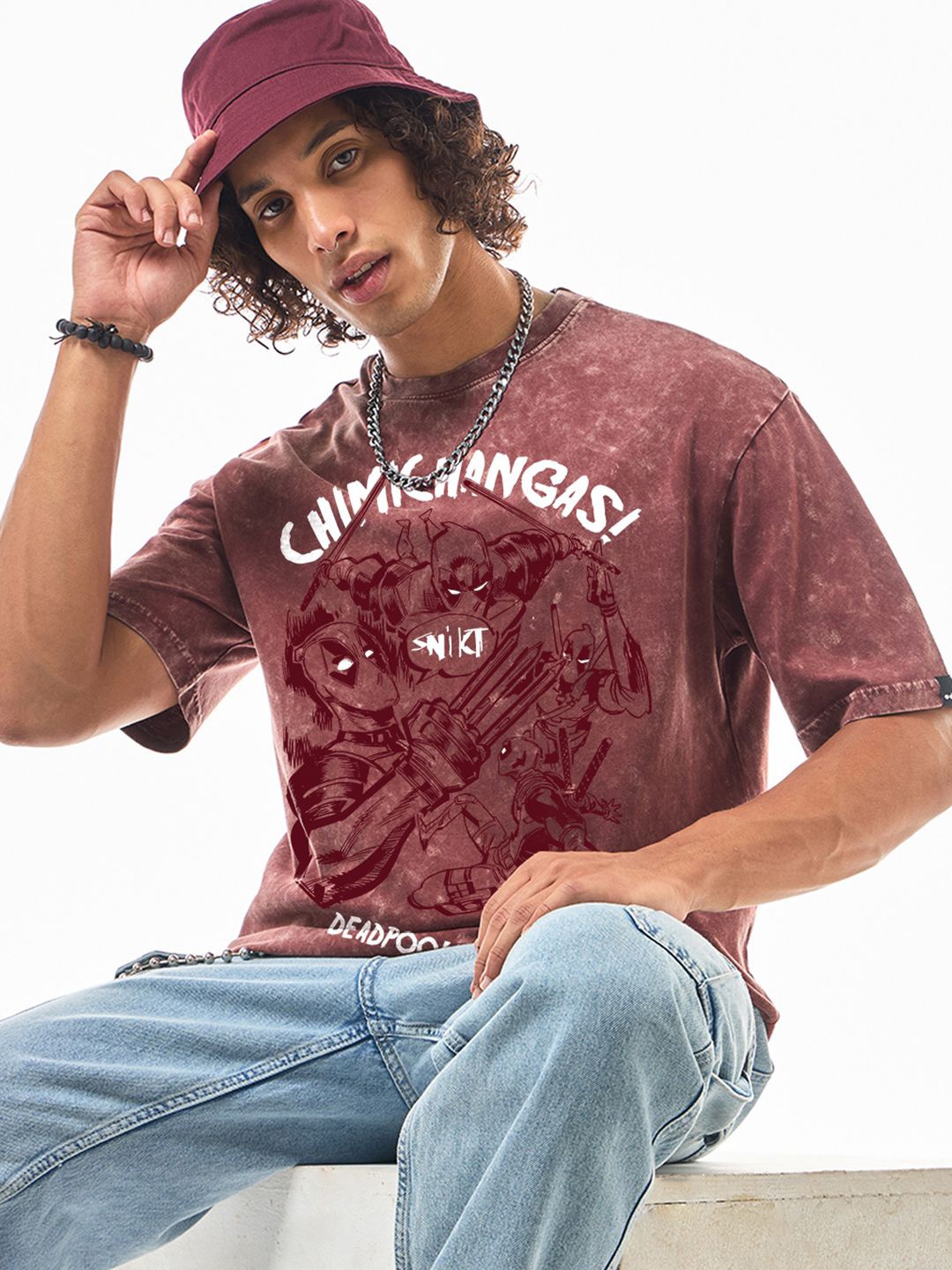 

Bewakoof Men Graphic Printed Round Neck Pure Cotton Oversized T-Shirt, Red
