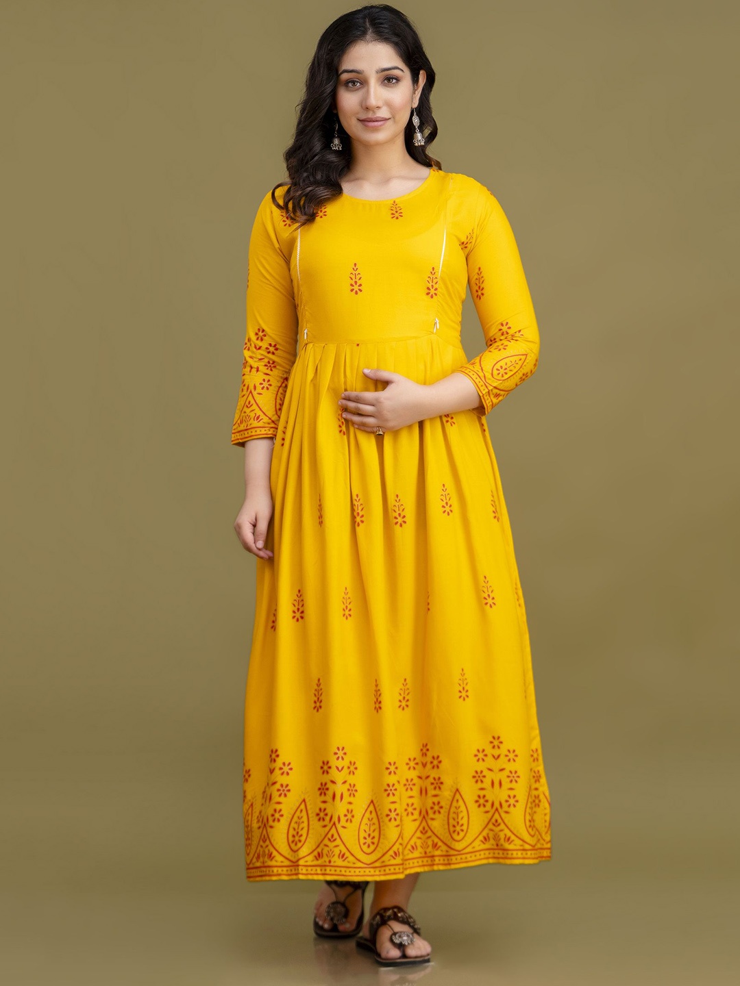 

Mialo fashion Women Ethnic Motifs Printed Maternity Feeding Ethnic Dresses, Yellow