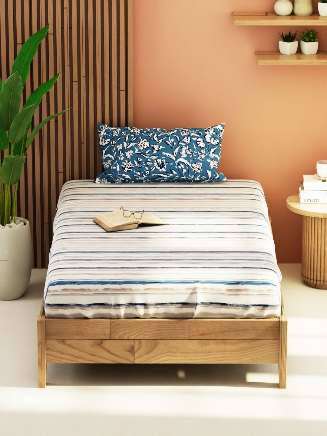 

KOPA Bagator Grey & Beige Striped 152 TC Single Bedsheet With 1 Pillow Covers