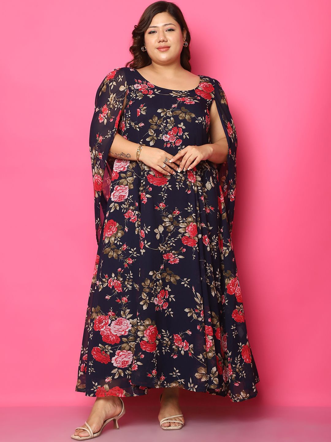 

theRebelinme Plus Size Floral Printed Georgette A-Line Maxi Dress, Navy blue