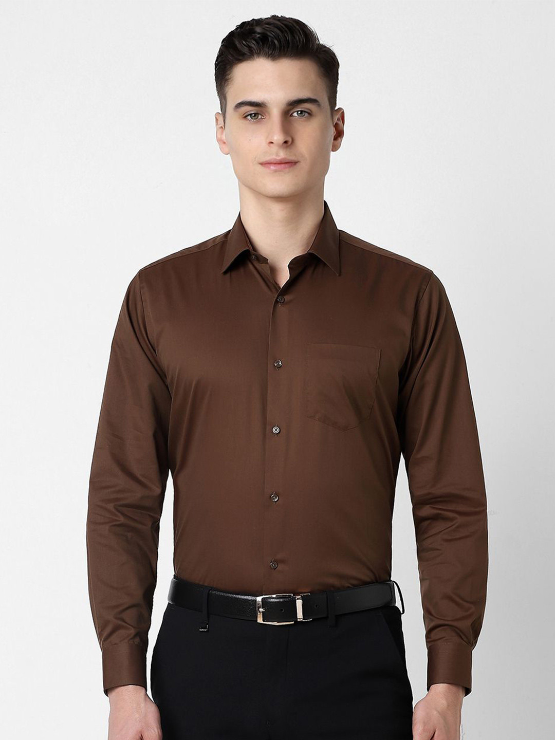 

Van Heusen Men Spread Collar Solid Cotton Party Shirt, Brown