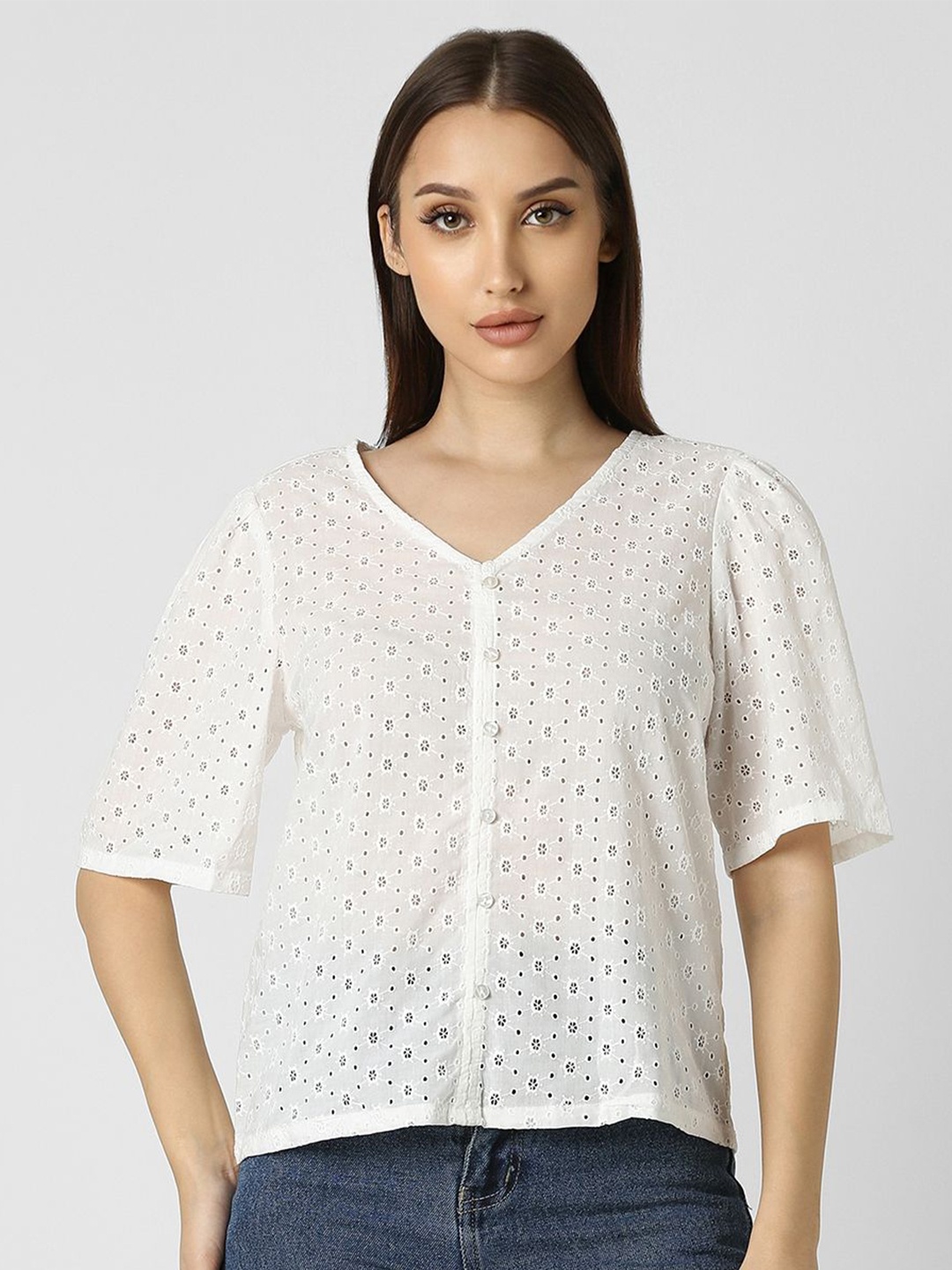 

Van Heusen Woman Women Self Design V-Neck Cotton Top, White
