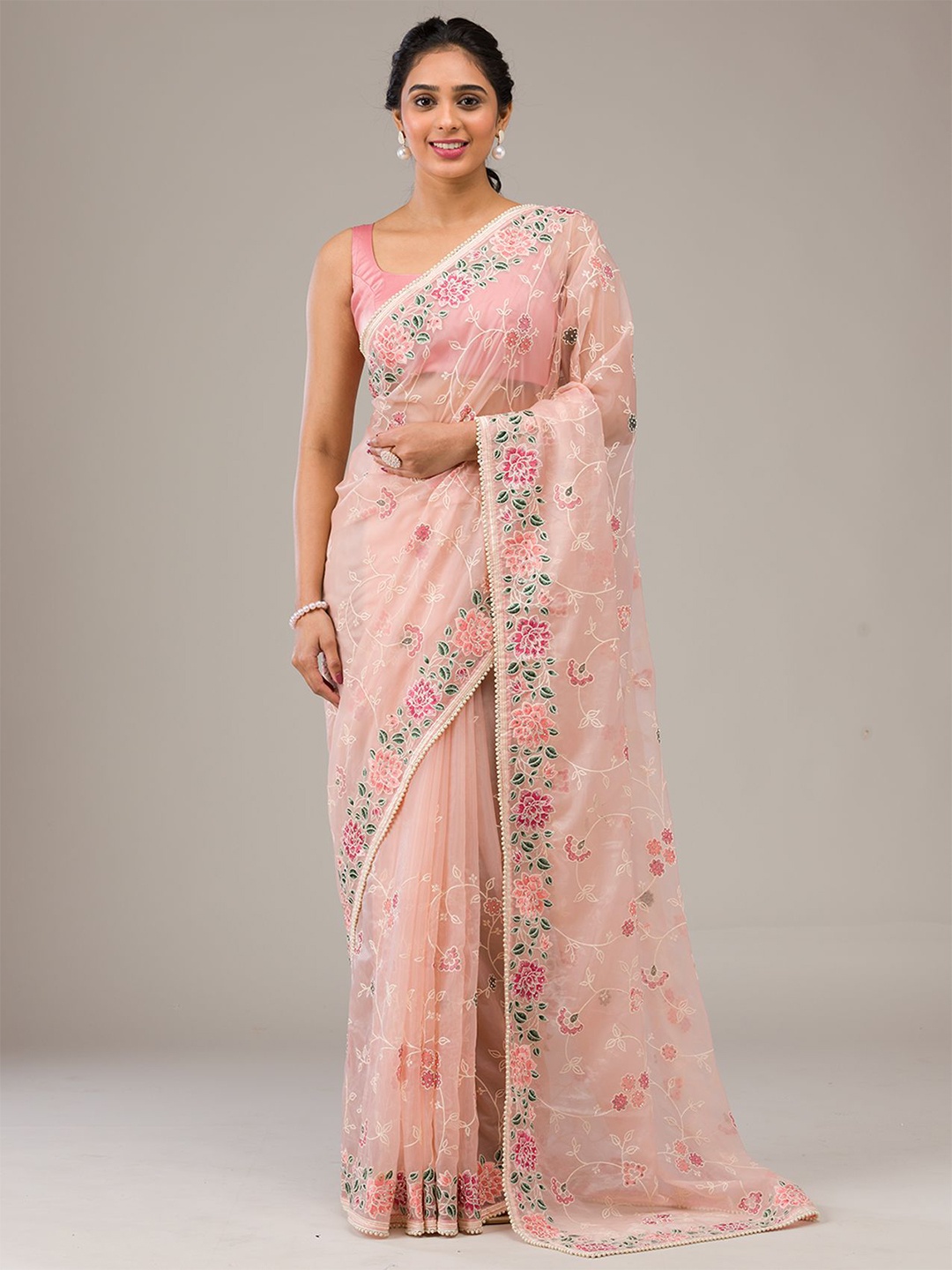 

Koskii Ethnic Embroidered Organza Saree, Peach