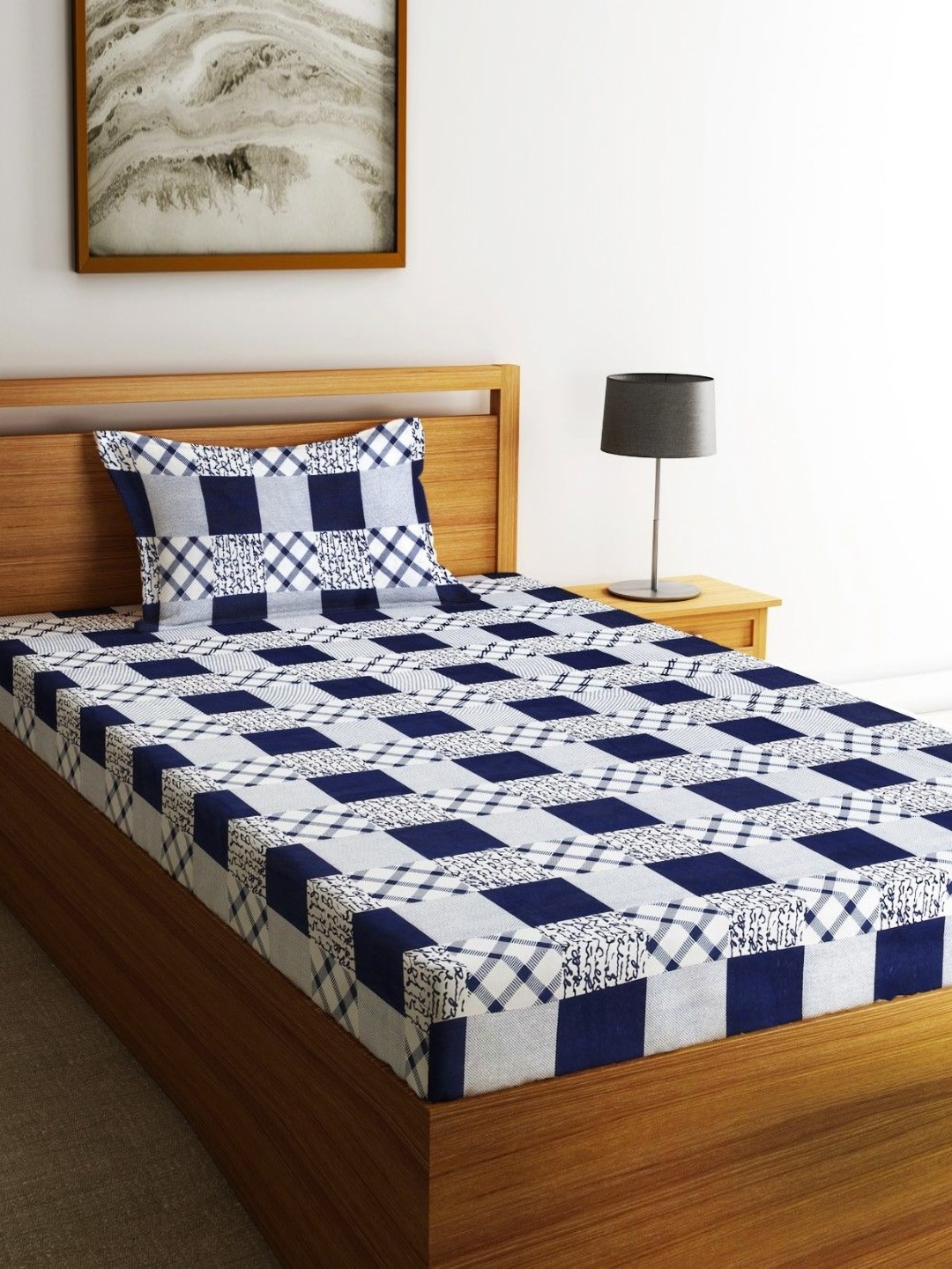 

Fashion String Blue & White Geometric 144 TC Single Bedsheet With 1 Pillow Covers