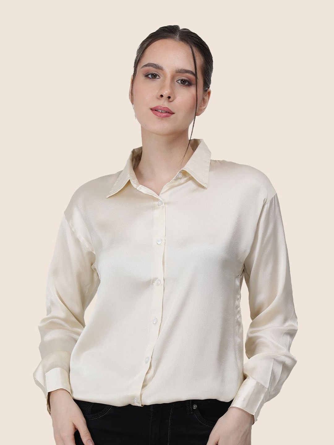 

AMSWAN Women Premium Spread Collar Solid Relaxed Fit Casual Shirt, Cream