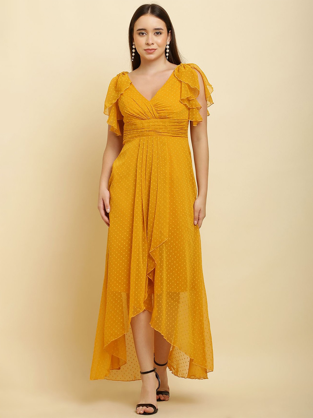 

C4D Flared Sleeve Ruffled Georgette Maxi Dress, Yellow