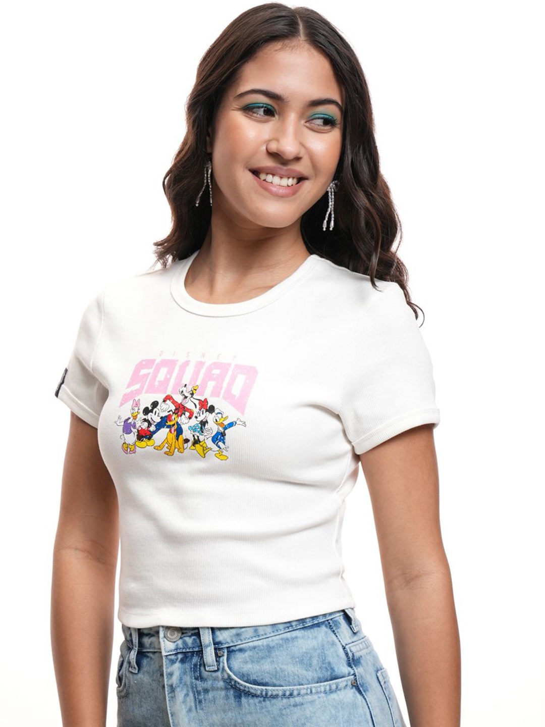 

Tokyo Talkies Women Disney Mickey & Friends Printed Crop Cotton Tshirt, White