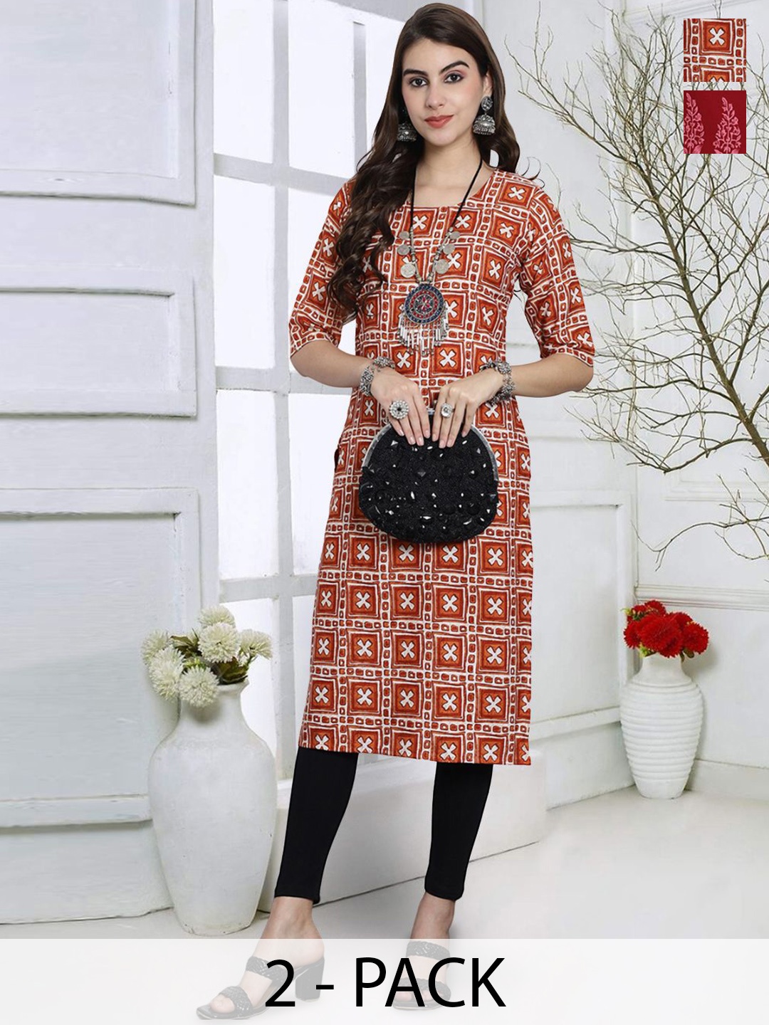 

7Threads Selection Of 2 Geometric Printed Round Neck Straight Kurta, Red