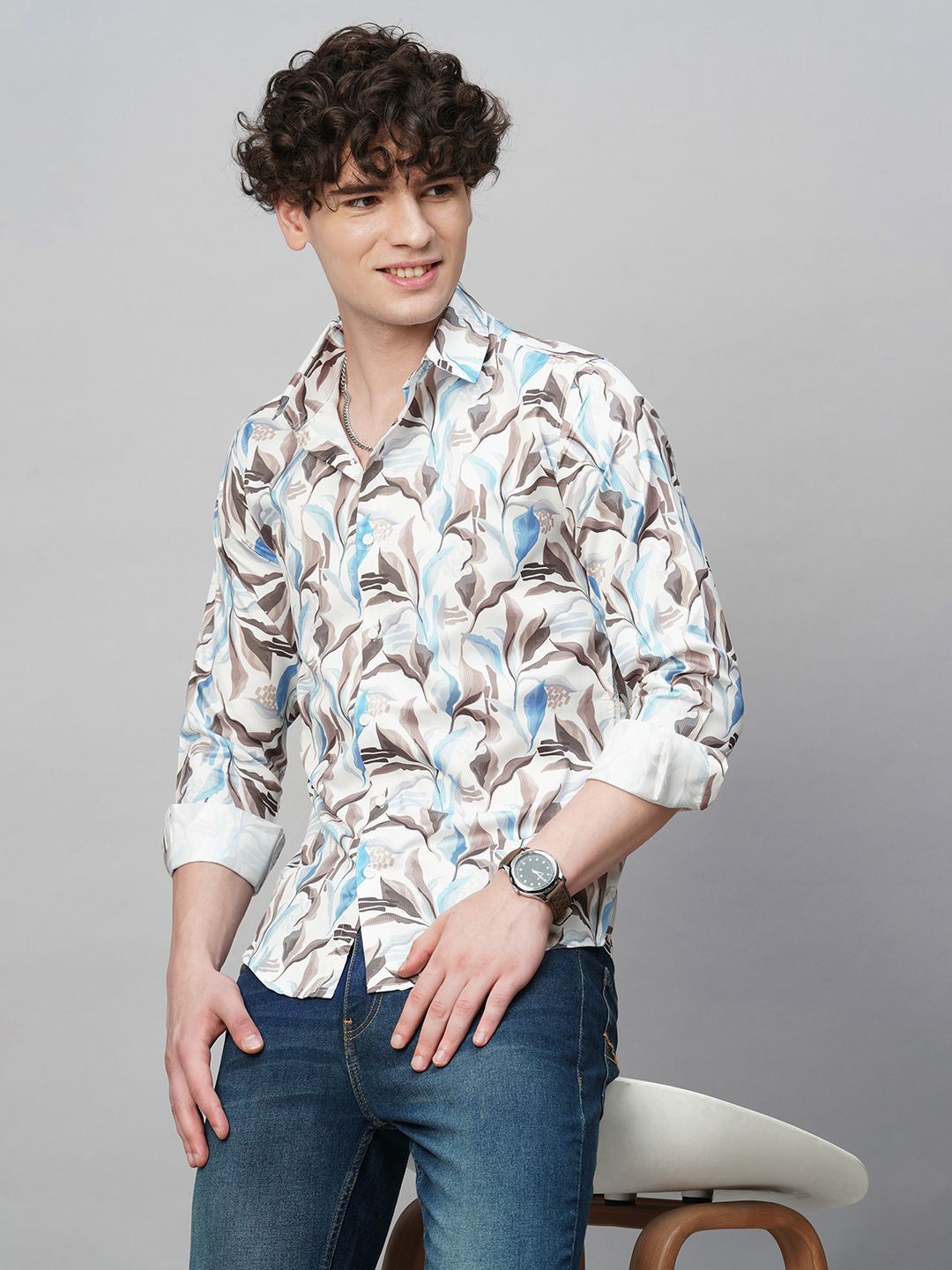 

TRYBUY.IN Men Comfort Spread Collar Abstract Printed Cotton Party Shirt, White