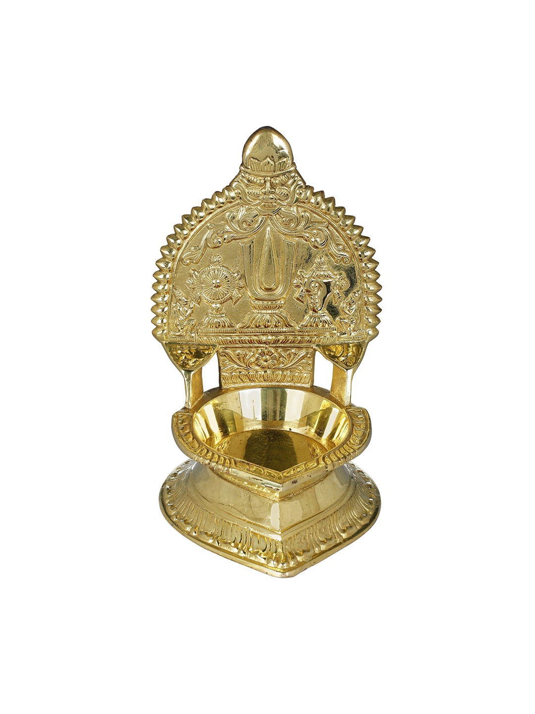 

Exotic India Gold-Toned Textured Brass Large Lamp With Vaishnava Symbols