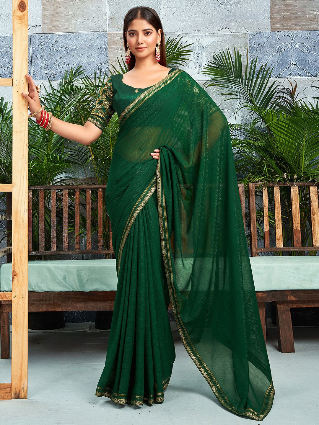 

KALINI Striped Zari Pure Chiffon Saree, Green