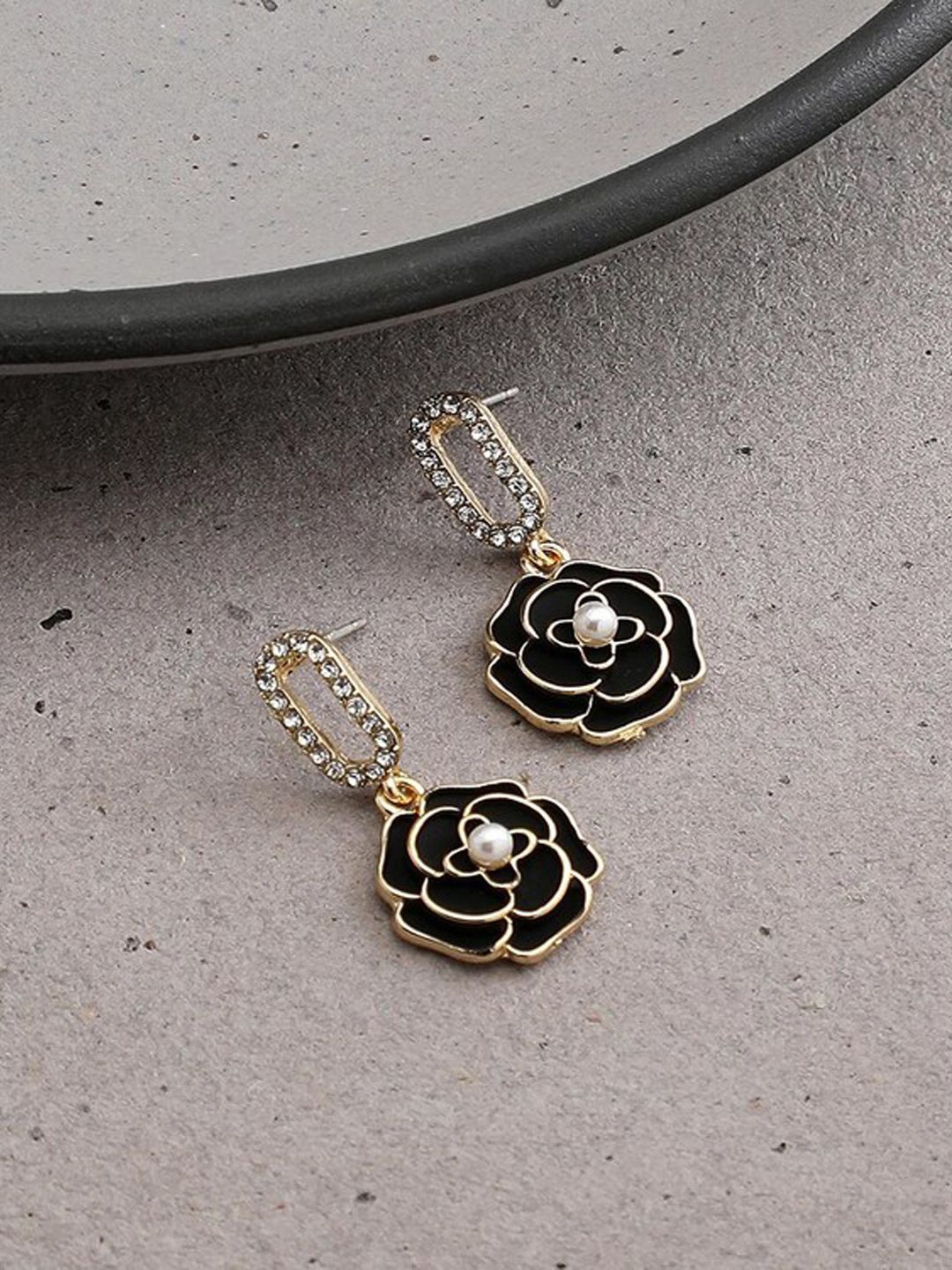 

VAGHBHATT Gold-Plated Contemporary Rhinestone Drop Earrings, Black
