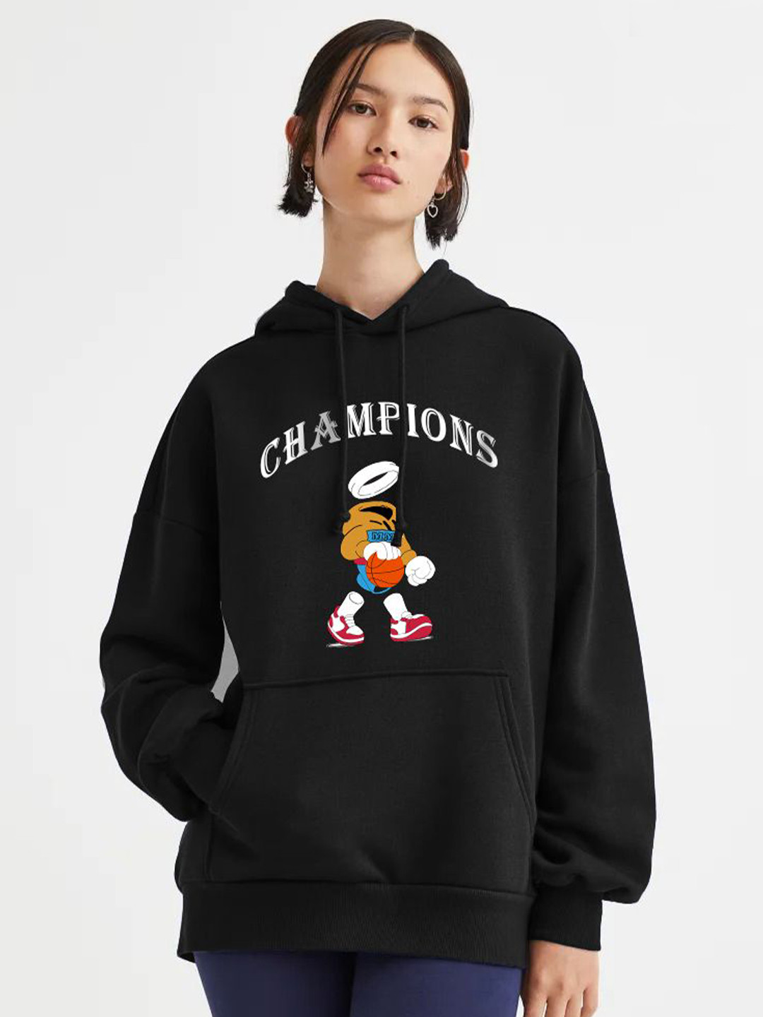 

MISCHIEF MONKEY Women Graphic Printed Hooded Oversized Sweatshirt, Black