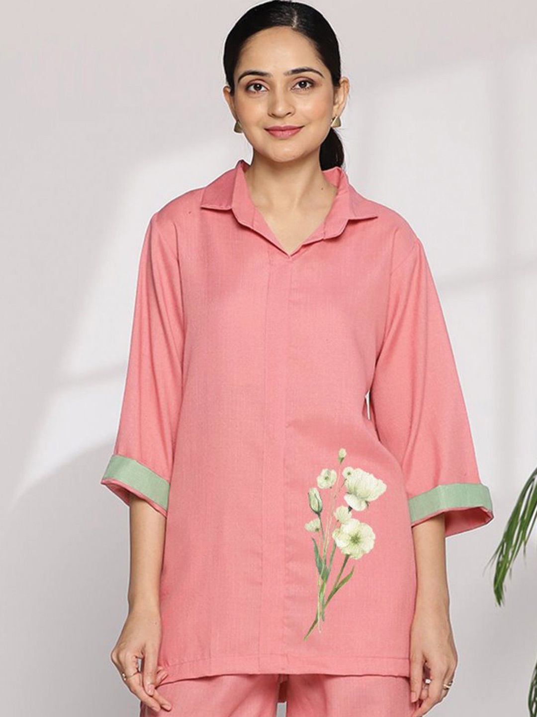

LetsDressUp Women Floral Printed Shirt Collar Pure Cotton Top, Rose gold