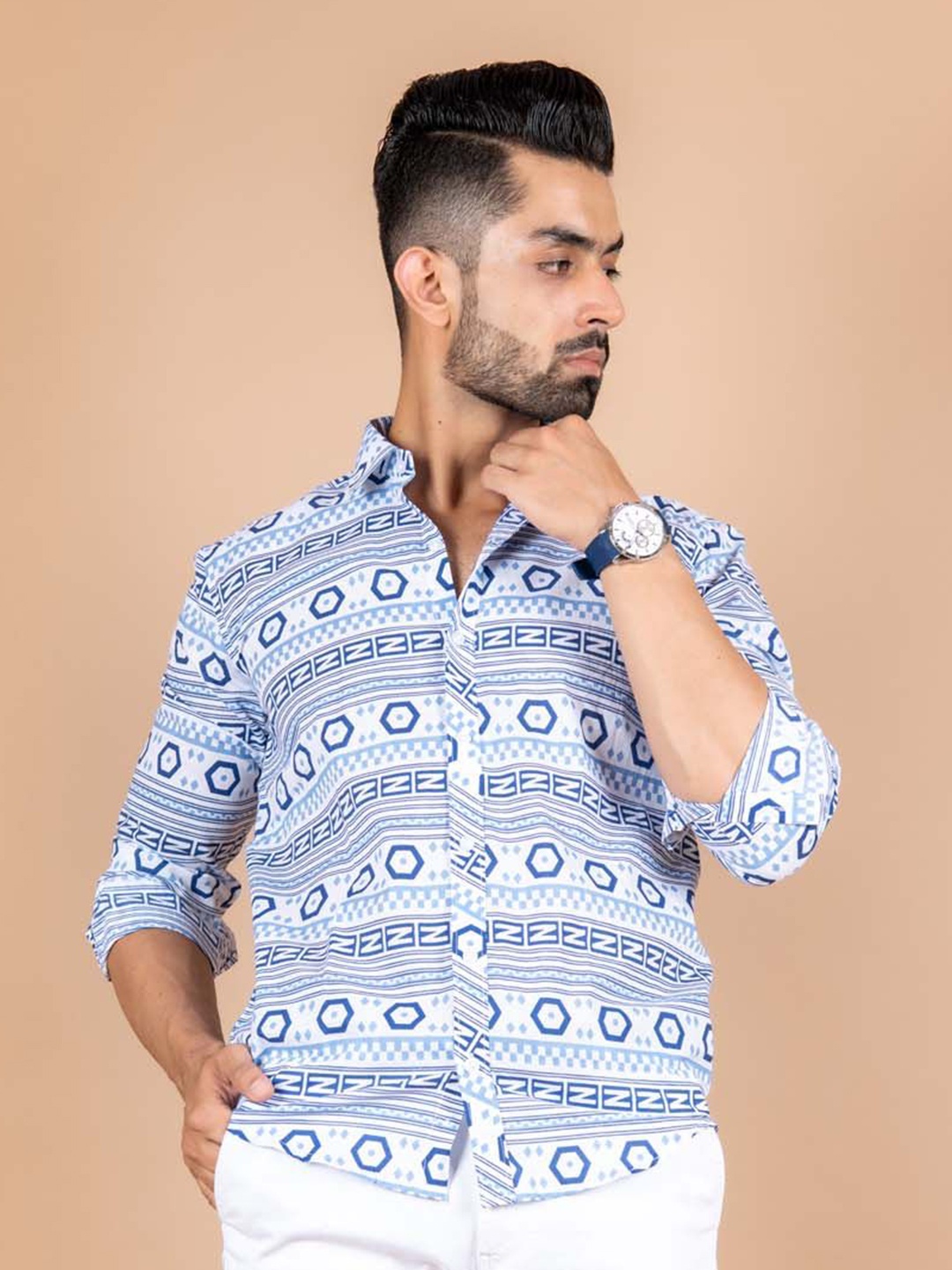 

Tistabene Men Standard Spread Collar Abstract Printed Cotton Casual Shirt, Blue