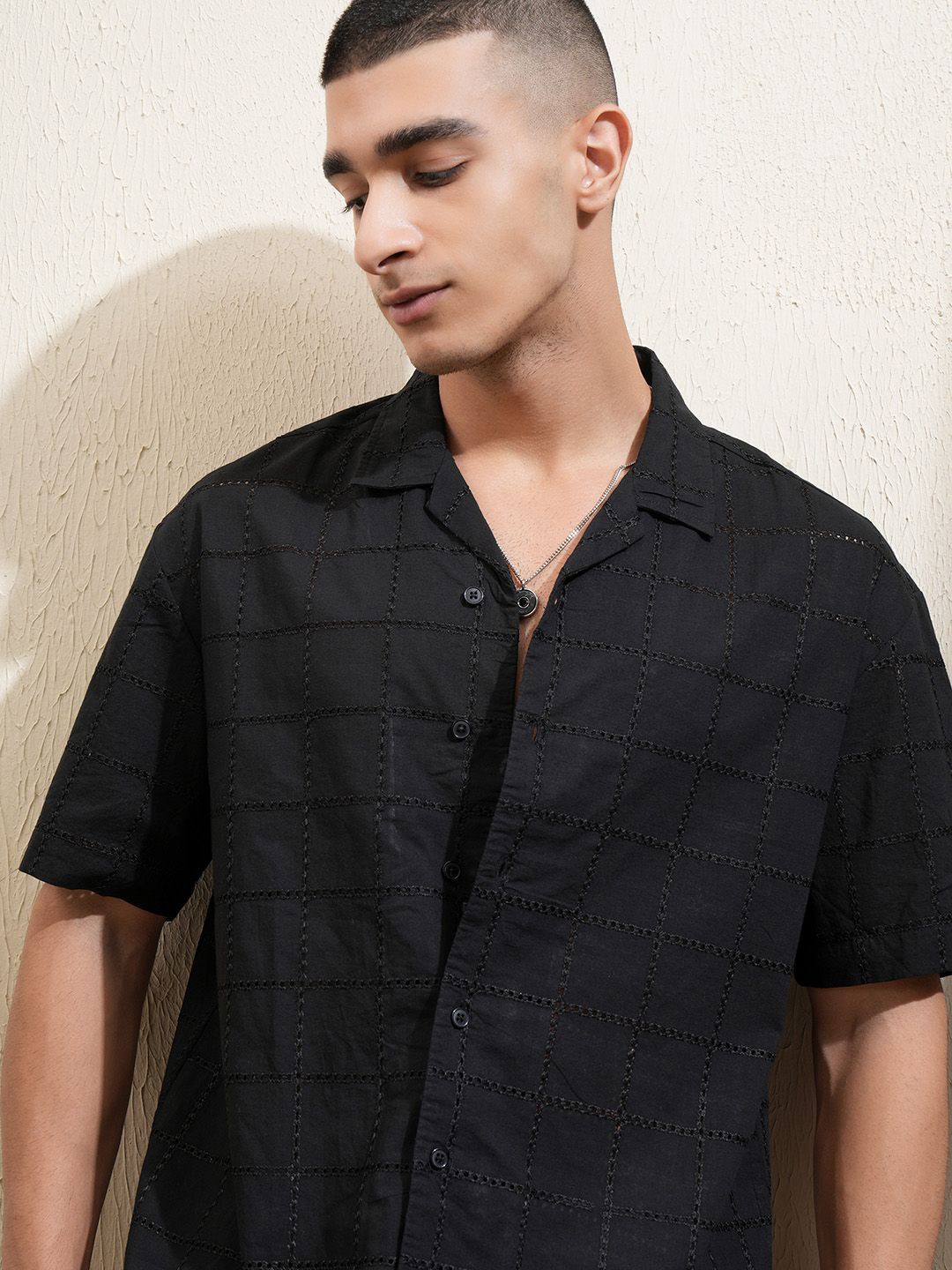 

Highlander Men Black Solid Hakoba Schiffli Cuban Collar Relaxed Shirt