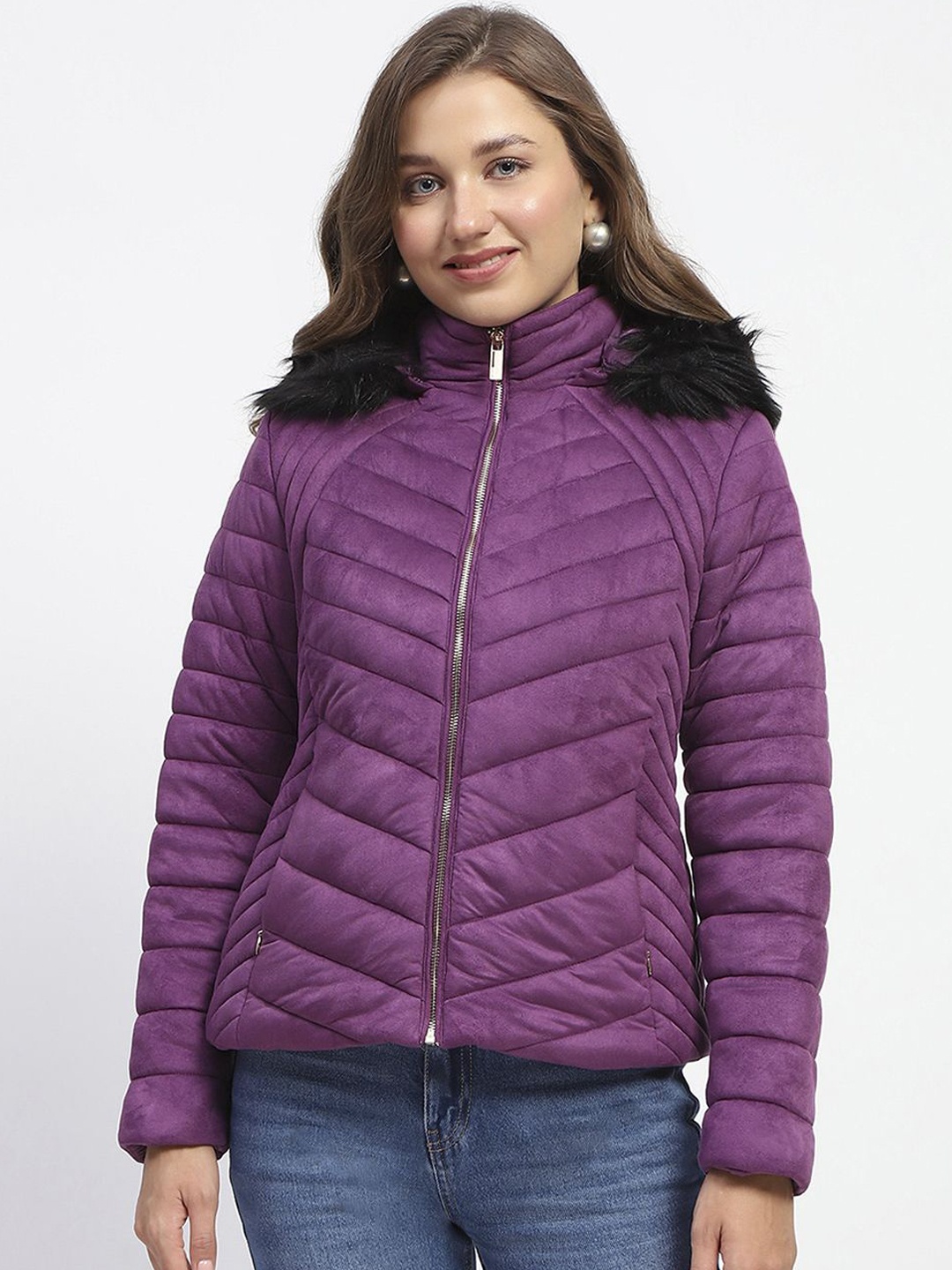 

Madame Women Mock Collar Solid Parka Jacket, Purple