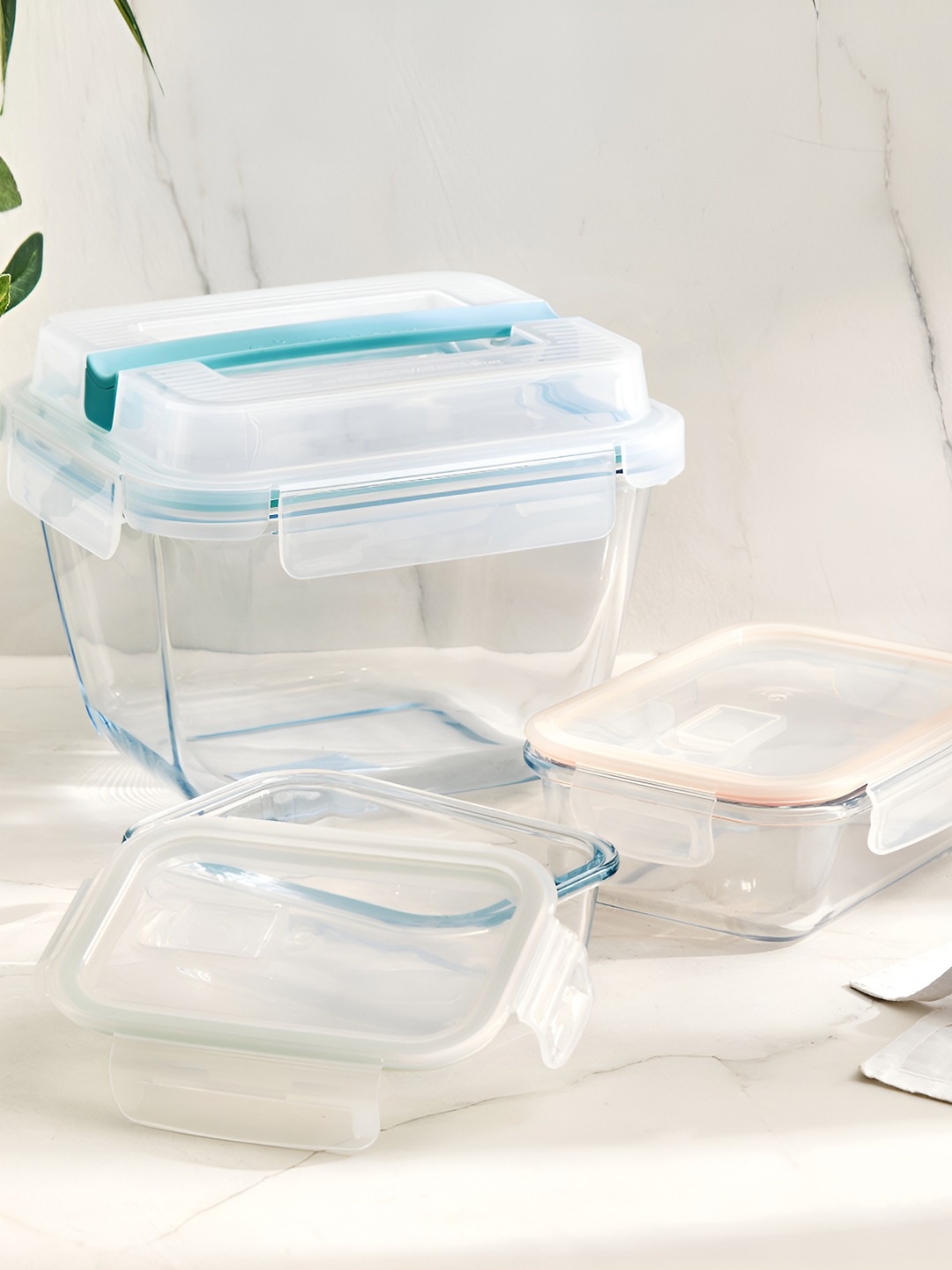 

Home Centre Fiesta 3 Pieces Transparent & Blue Glass Fridge Containers