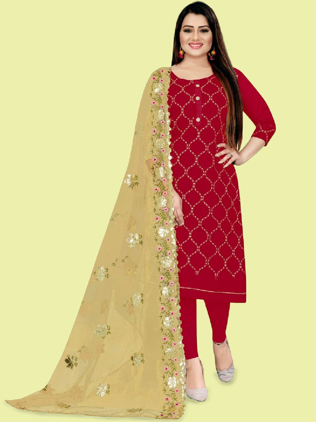 

APNISHA Geometric Embroidered Unstitched Dress Material, Red