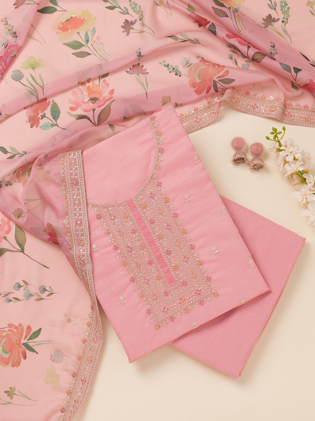 

Koskii Floral Embroidered Organza Unstitched Dress Material, Pink