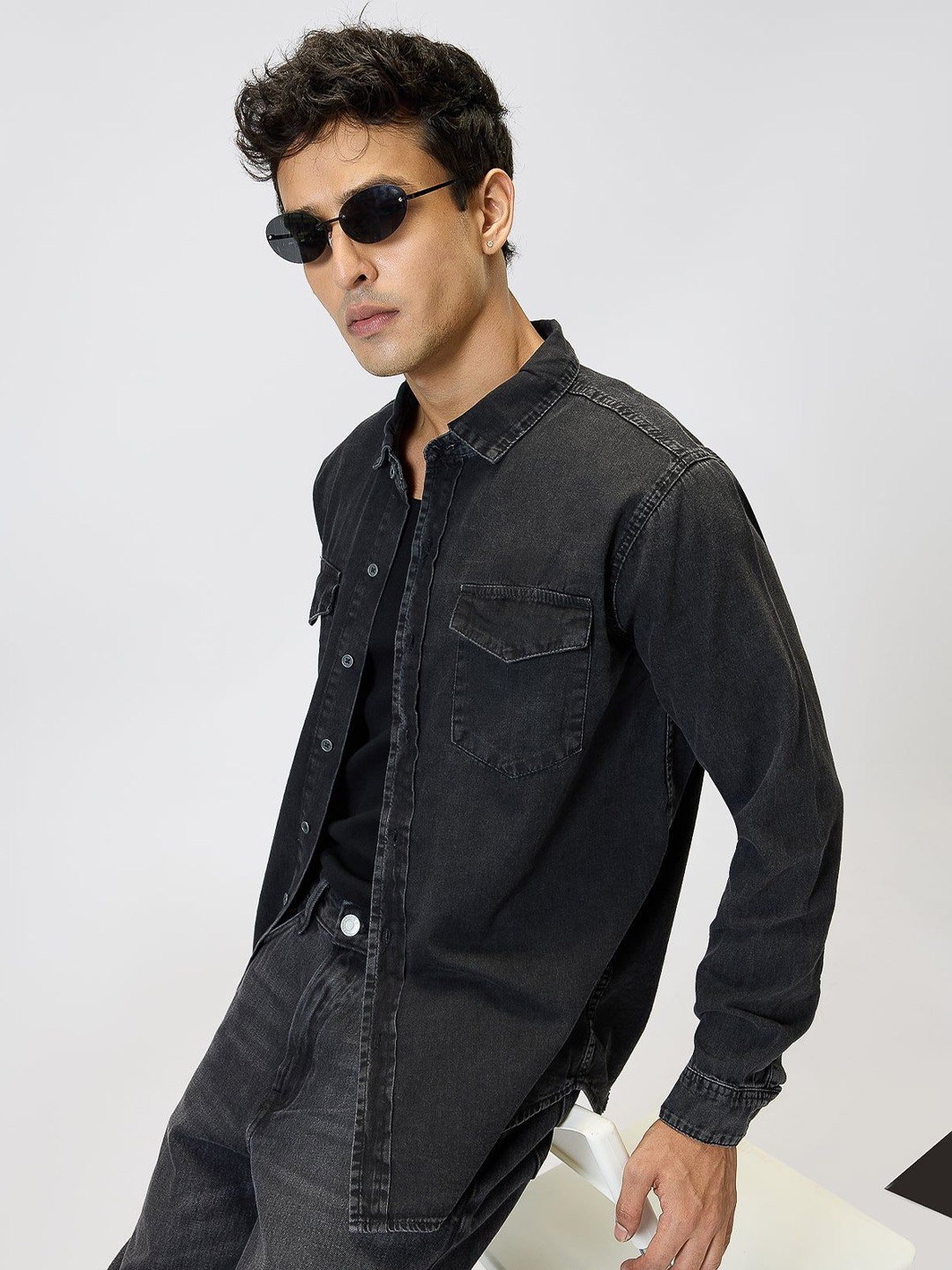 

FREAKINS Men Classic Faded Opaque Casual Shirt, Black