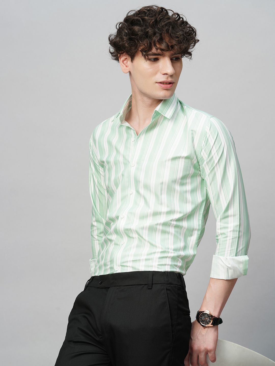 

TRYBUY.IN Men Comfort Spread Collar Striped Cotton Party Shirt, Green