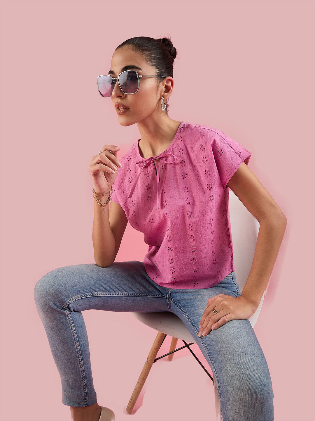 

Deewa Women Self Design Schiffli Tie-Up Neck Pure Cotton Top, Fuchsia