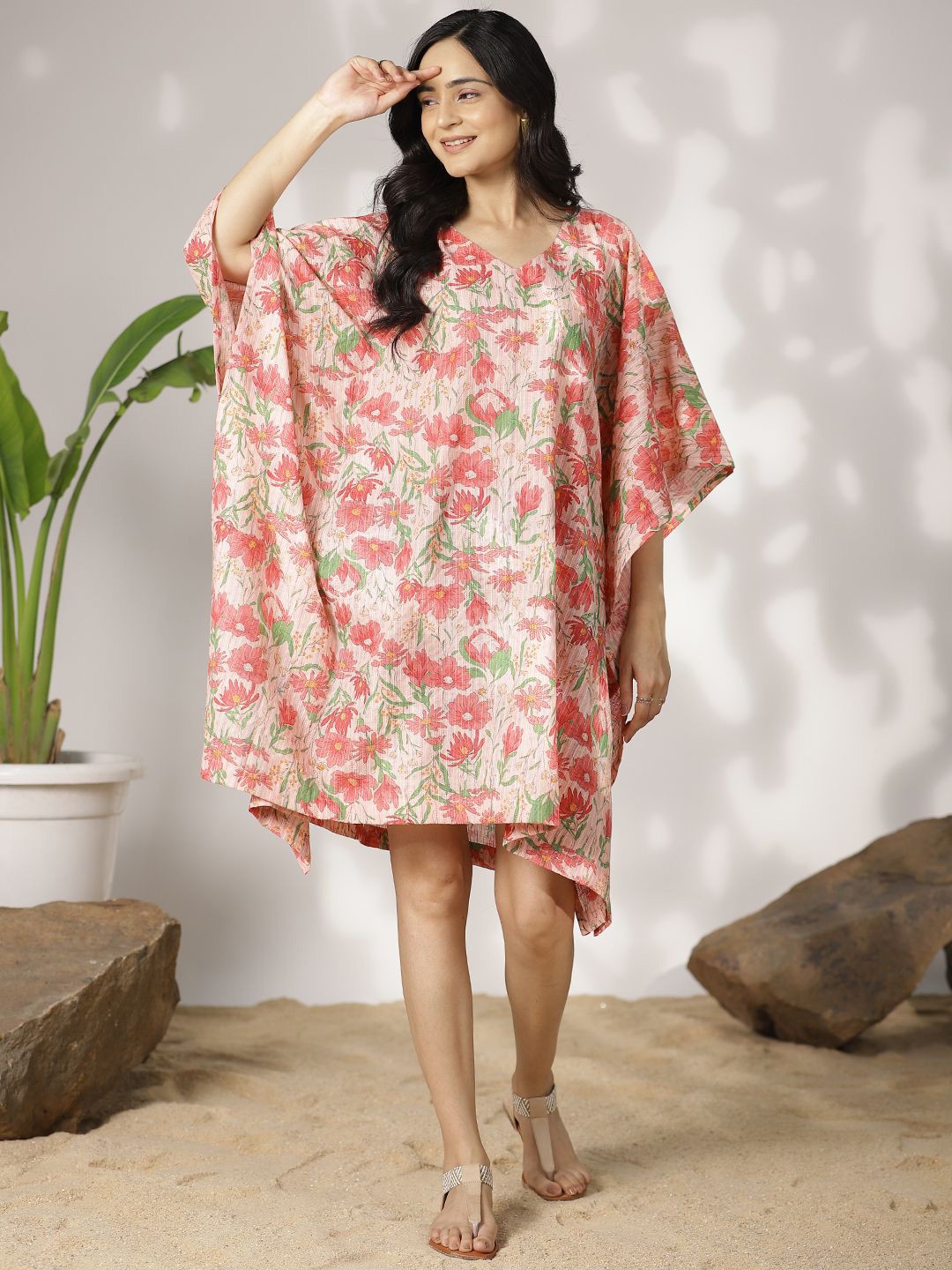 

LetsDressUp Printed V-Neck Extended Sleeves Pure Cotton Kaftan Dress, Pink