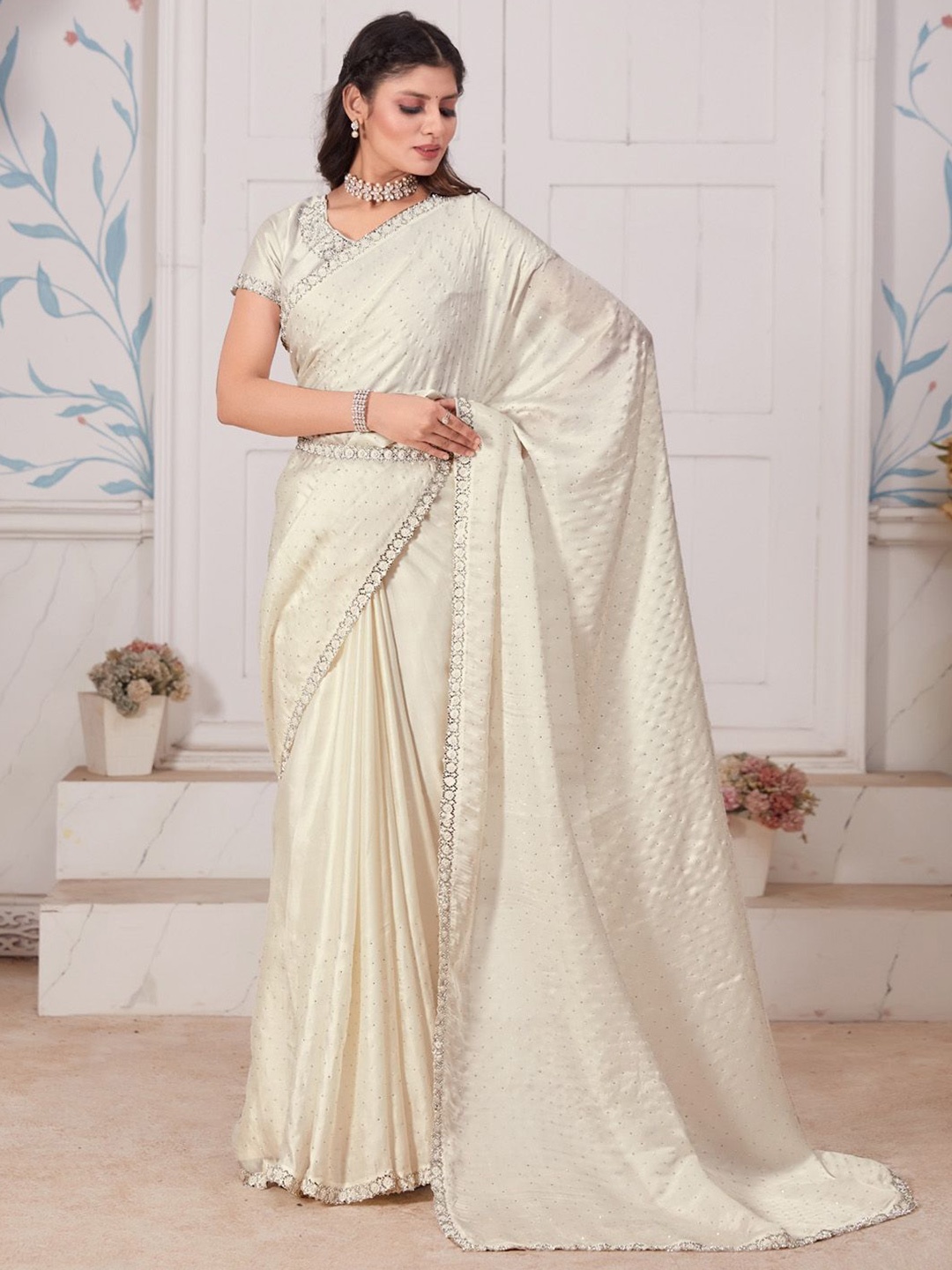 

Anouk Embellished Beads and Stones Satin Saree, Cream