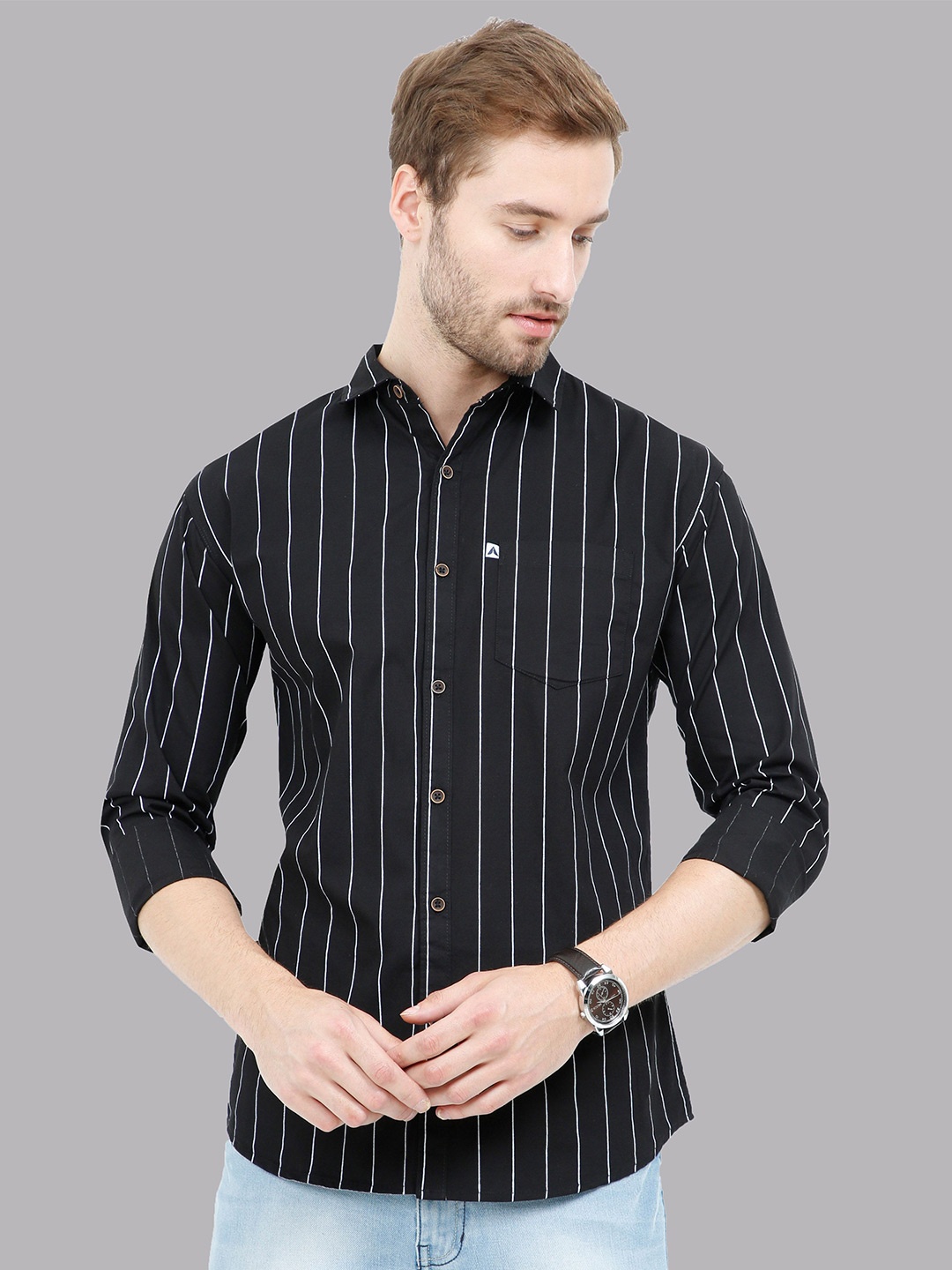 

AIDAN PAUL Men Comfort Cutaway Collar Vertical Striped Cotton Casual Shirt, Black