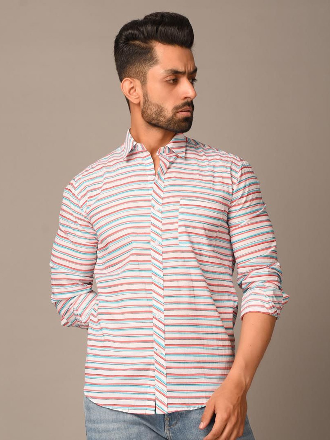 

Tistabene Men Standard Horizontal Stripes Opaque Printed Casual Shirt, Blue