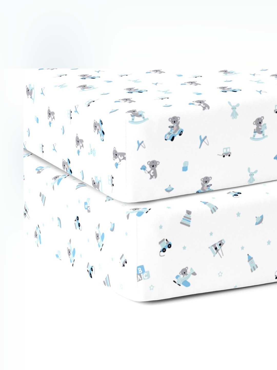 

The White Cradle Blue & White Cartoon Printed 120 TC Fitted Cotton 2 Crib Bedsheets