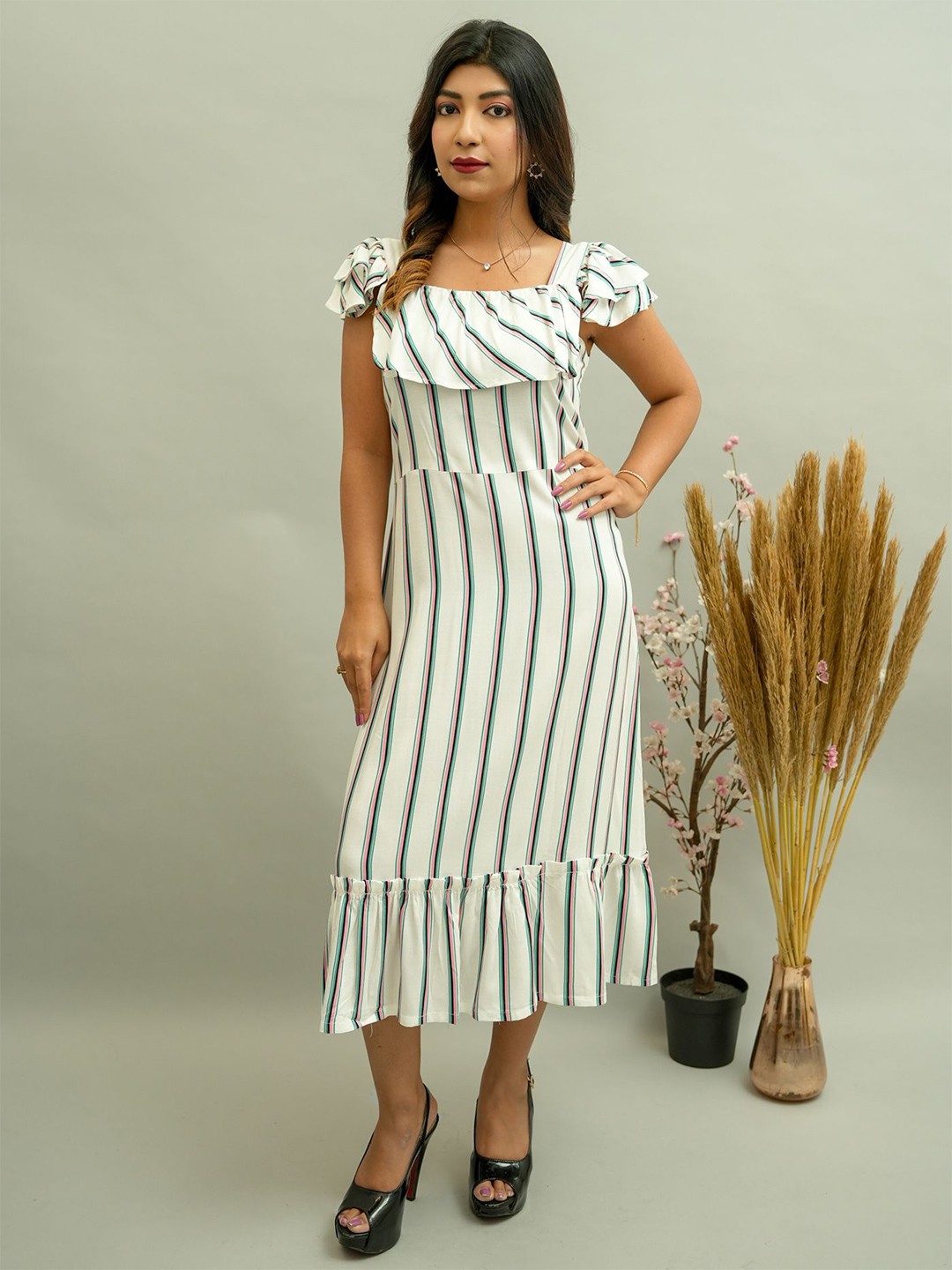 

GO BOUJEE Striped A-Line Dress, White