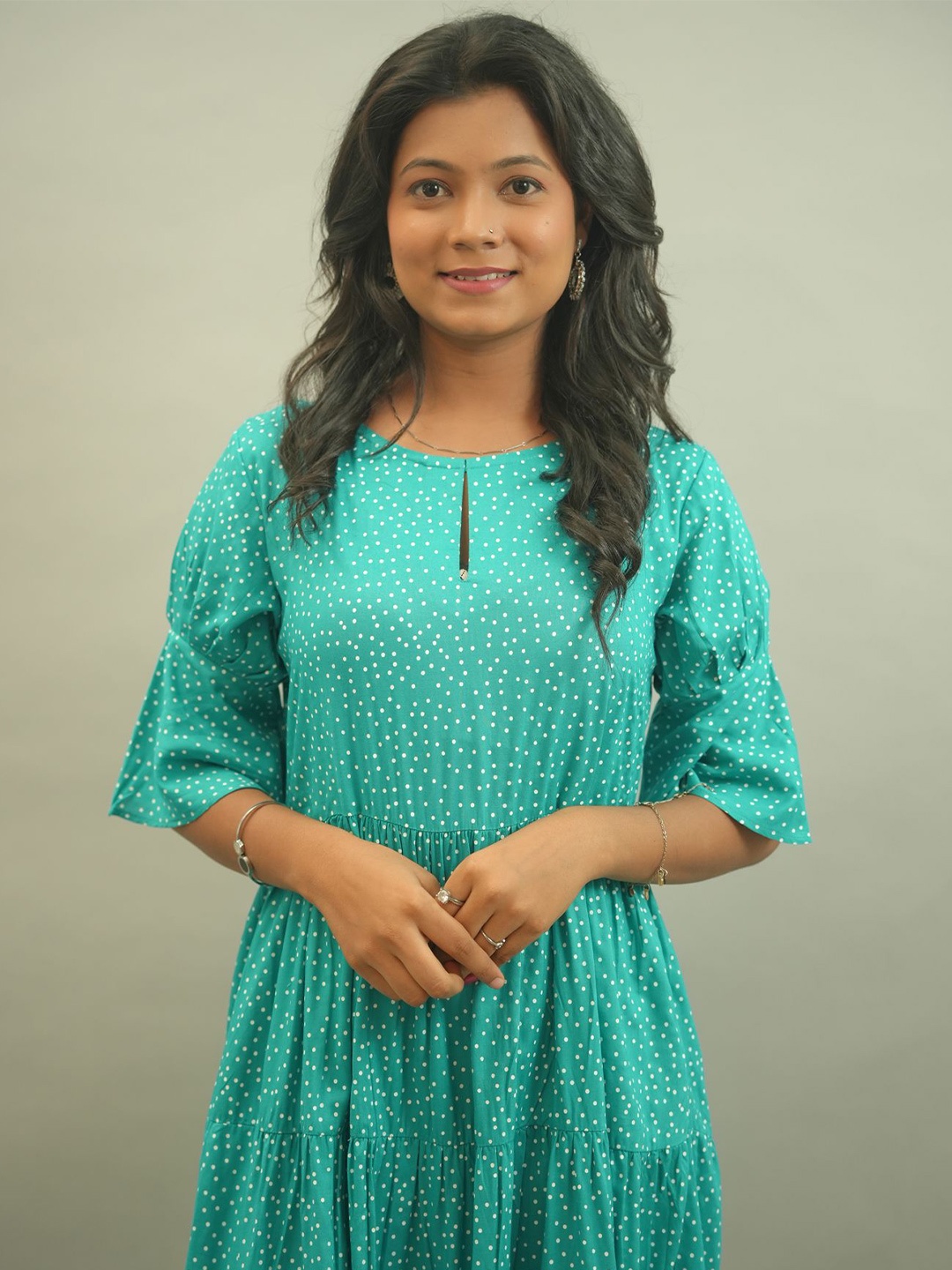 

GO BOUJEE Polka Dot Printed Keyhole Neck Fit & Flare Dress, Green