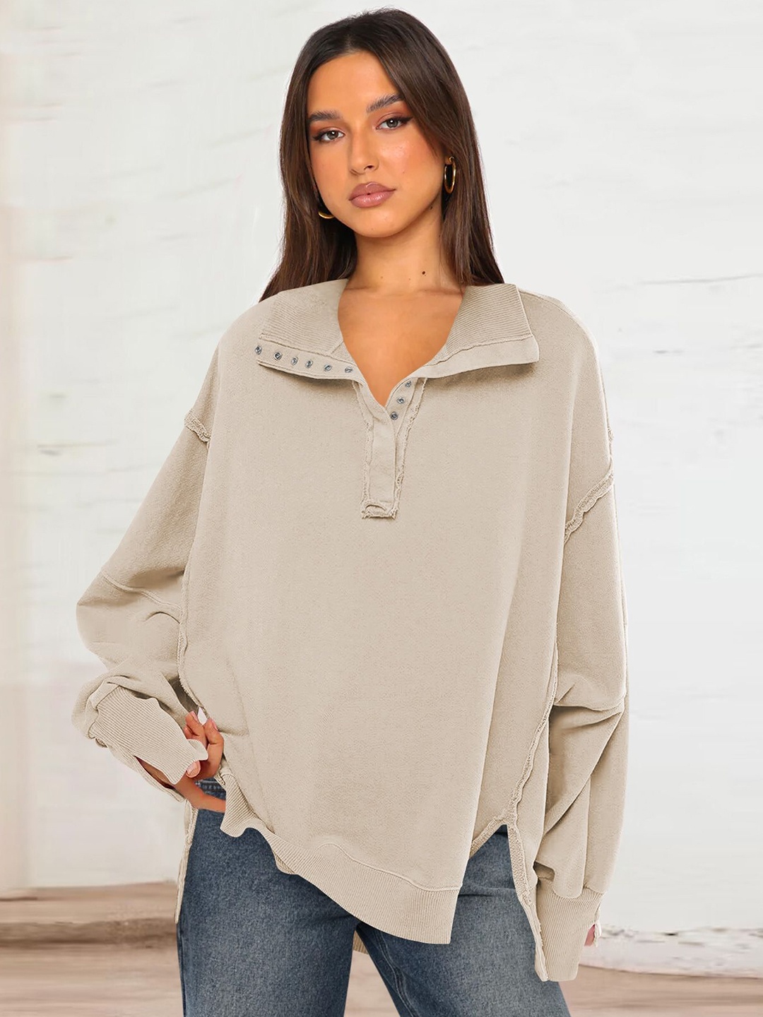 

StyleCast Women Solid Sweatshirt, Beige