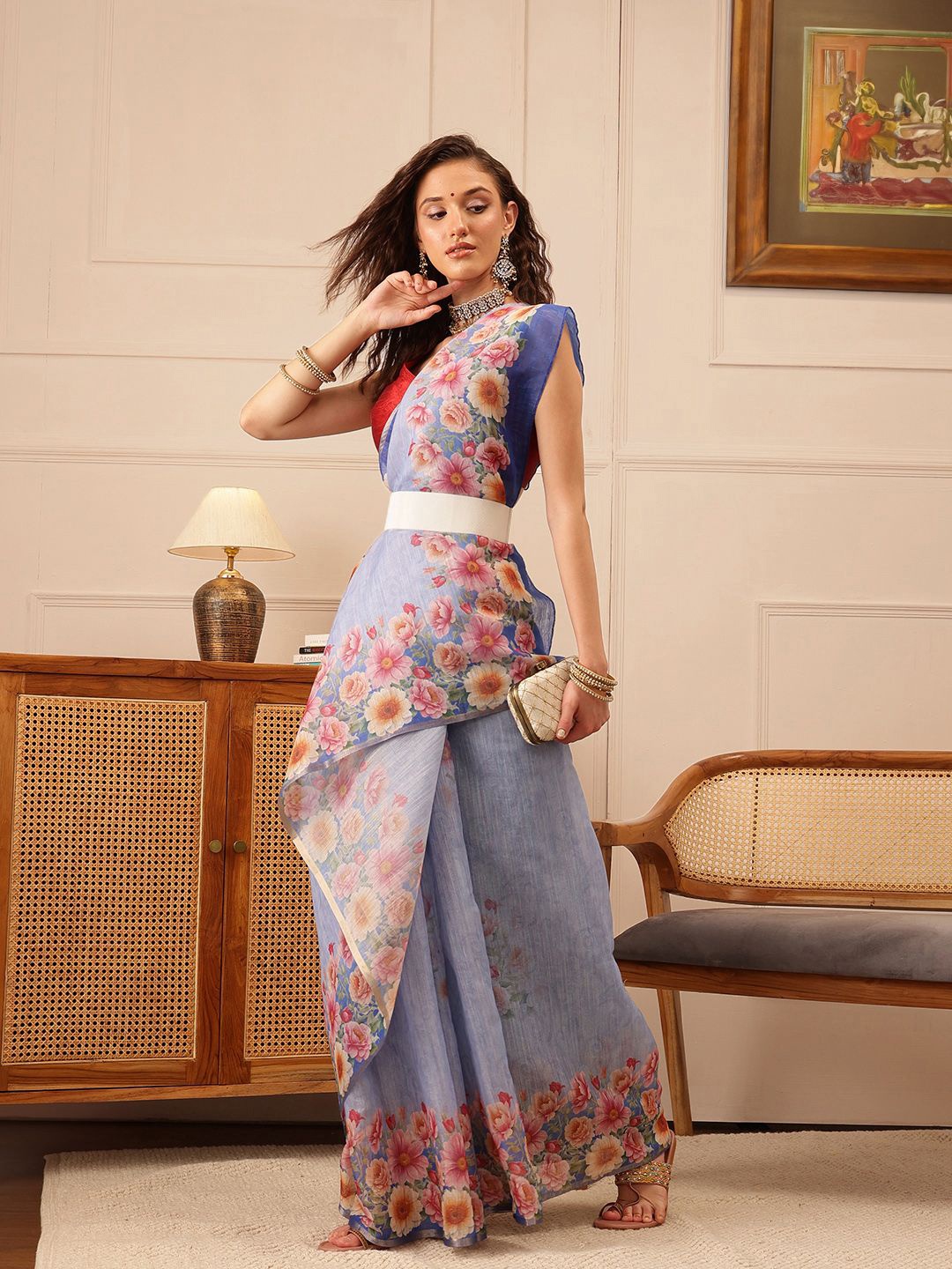 

Silk Land Floral Chnaderi Cotton Digital Print Saree, Blue
