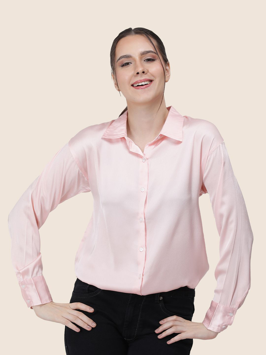 

AMSWAN Women Premium Spread Collar Solid Relaxed Fit Casual Shirt, Pink