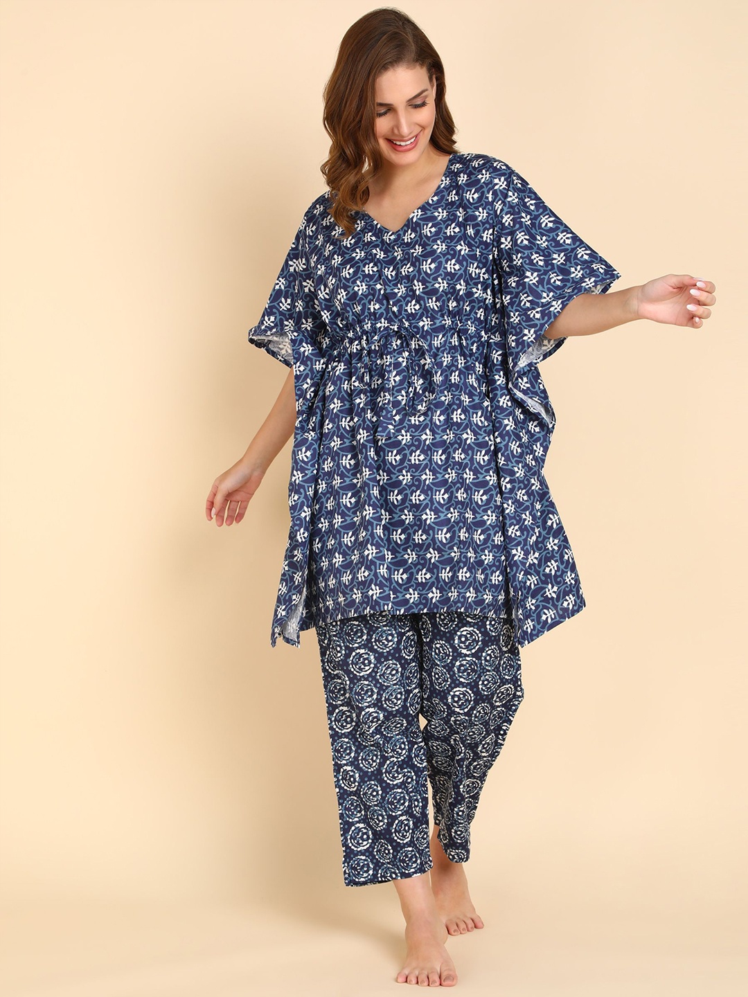 

Aartej Women Floral Printed Pure Cotton Kaftan Night Suit, Navy blue