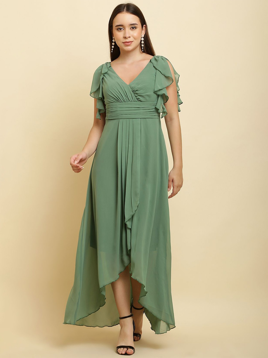 

C4D Flared Sleeve Wrap Georgette Maxi Dress, Green