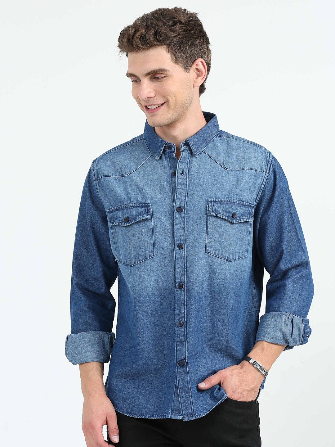 

Mast & Harbour Men Comfort Denim Faded Opaque Casual Shirt, Blue