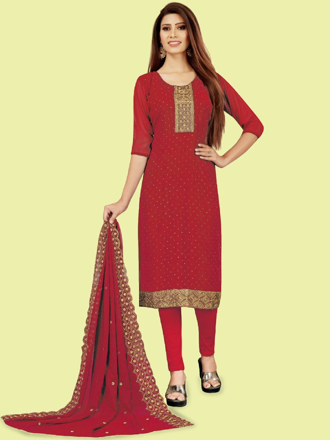 

APNISHA Floral Embroidered Silk Georgette Unstitched Dress Material, Red