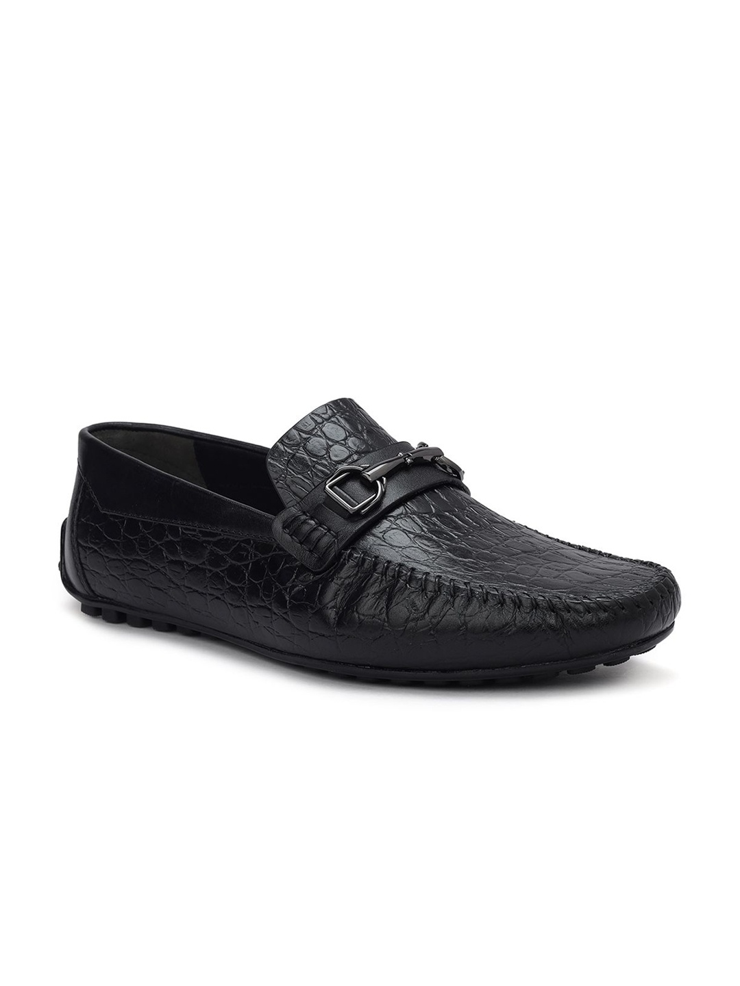 

ROSSO BRUNELLO Men Textured Slip-On Leather Formal Loafers, Black