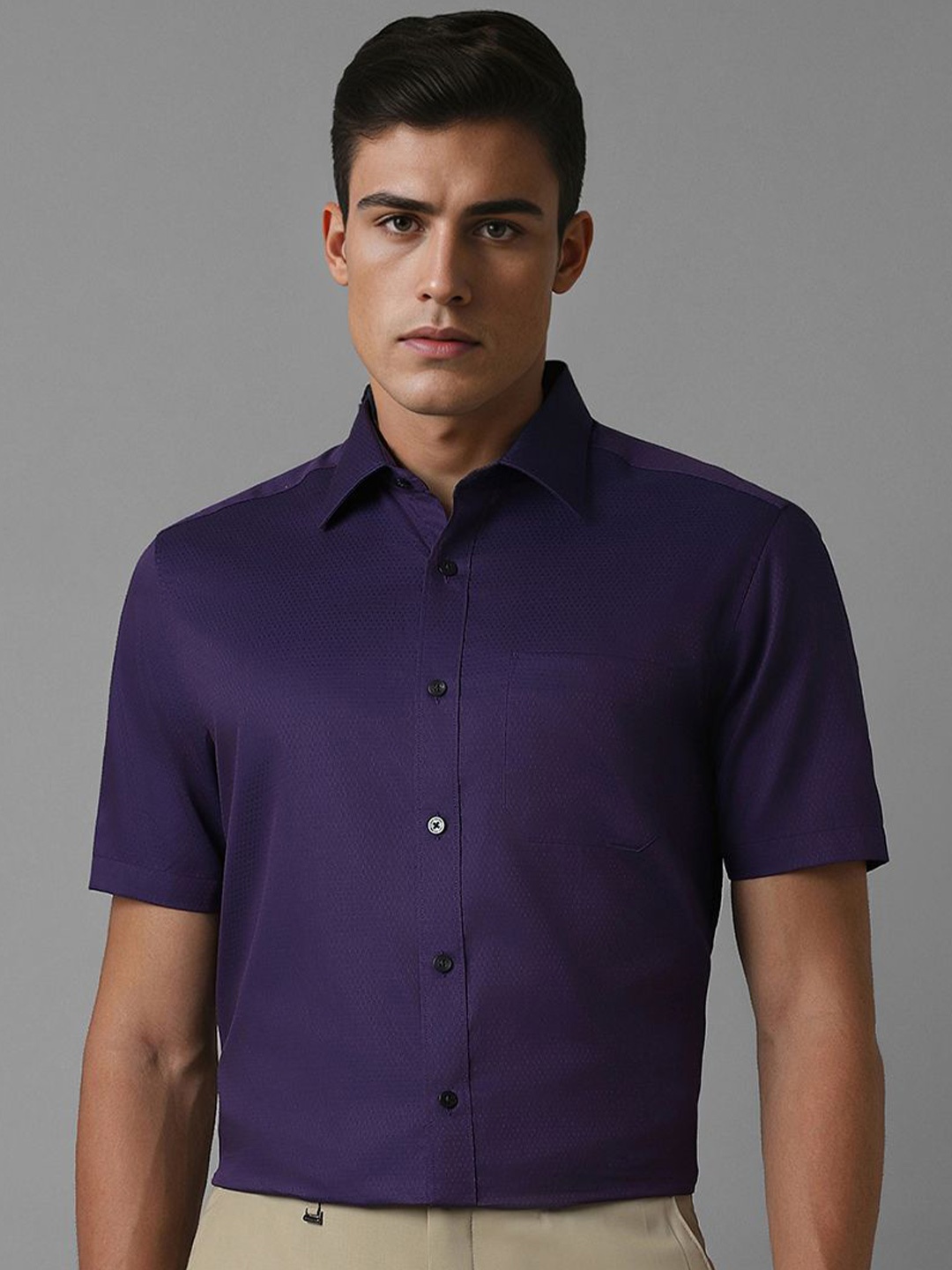 

Louis Philippe Men Spread Collar Micro Ditsy Self Design Cotton Formal Shirt, Purple