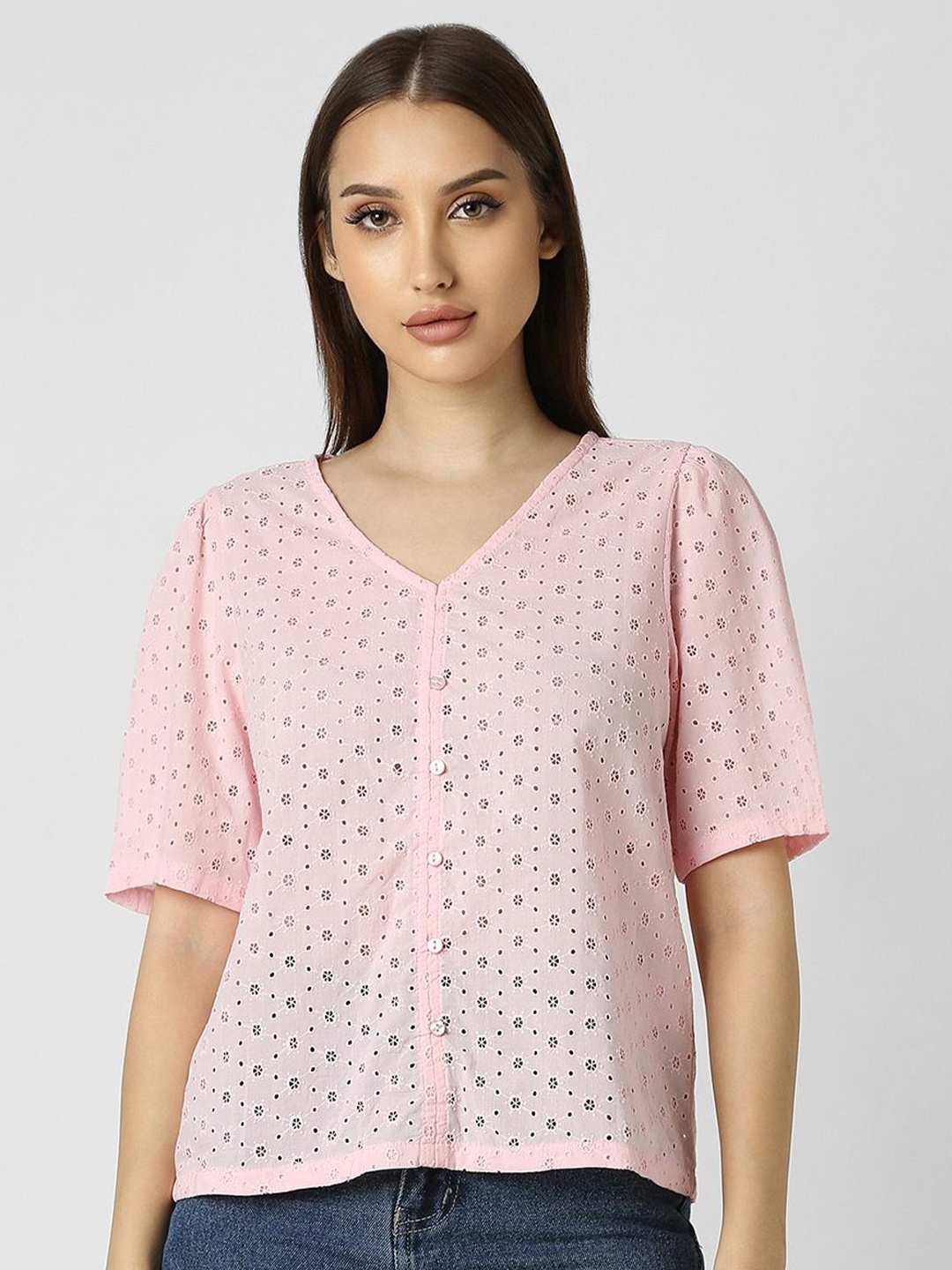 

Van Heusen Woman Women Self Design V-Neck Cotton Top, Pink